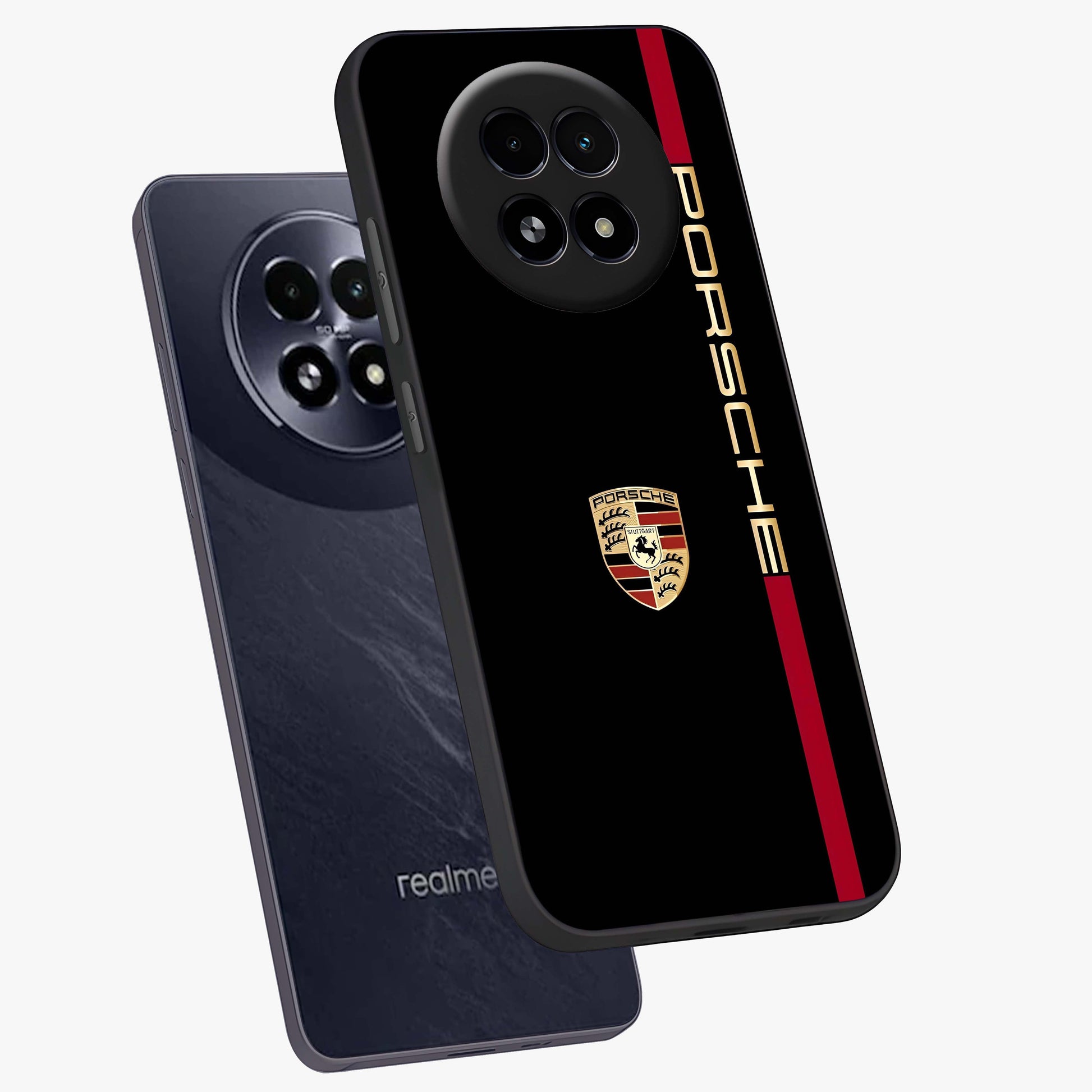 Black Minimal Porsche Glass Case displayed in angled mockup highlighting modern minimal car illustration and clean aesthetic design.
