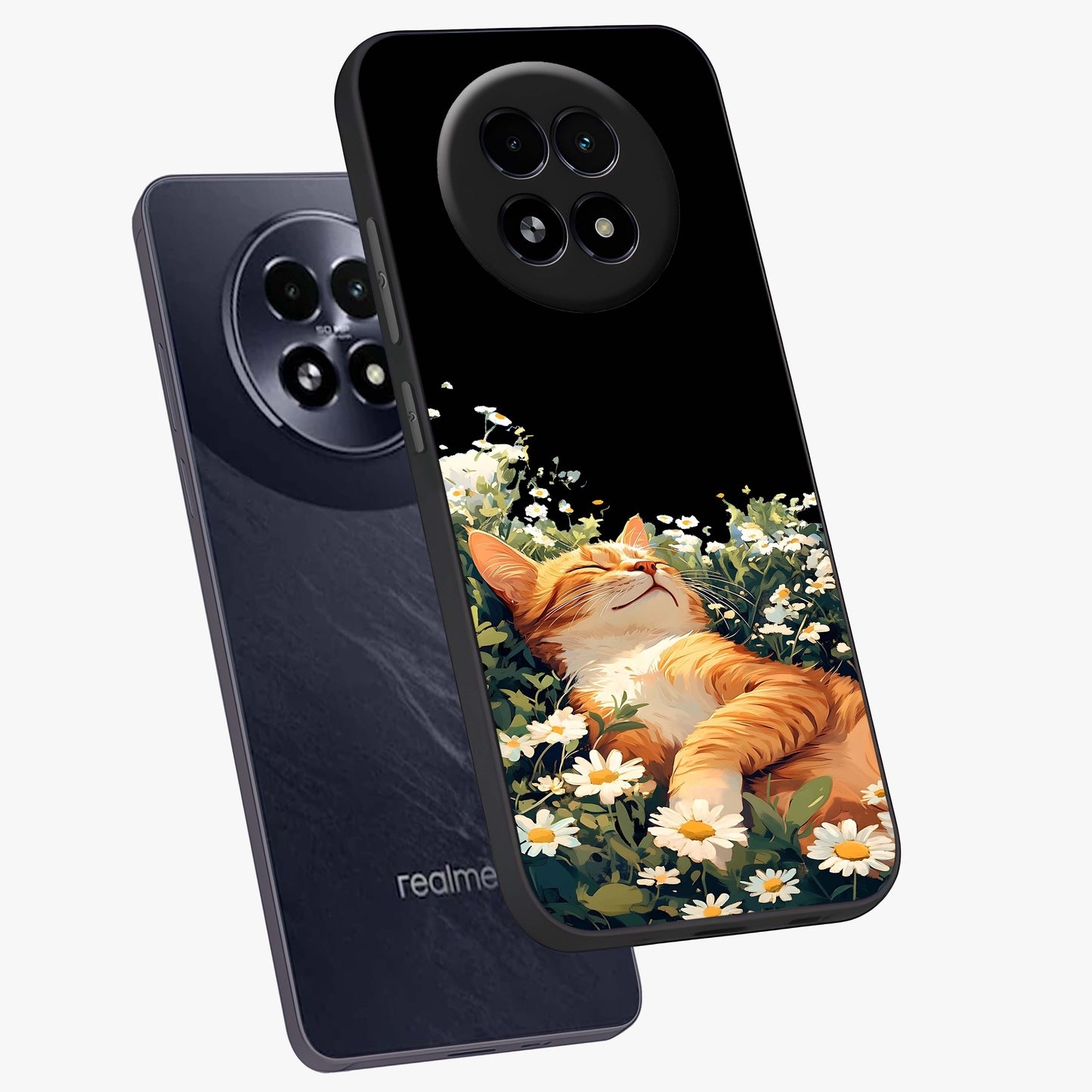 Blissful Bloom Cat Glass Case displayed in angled mockup highlighting playful feline illustration with soft floral aesthetic.