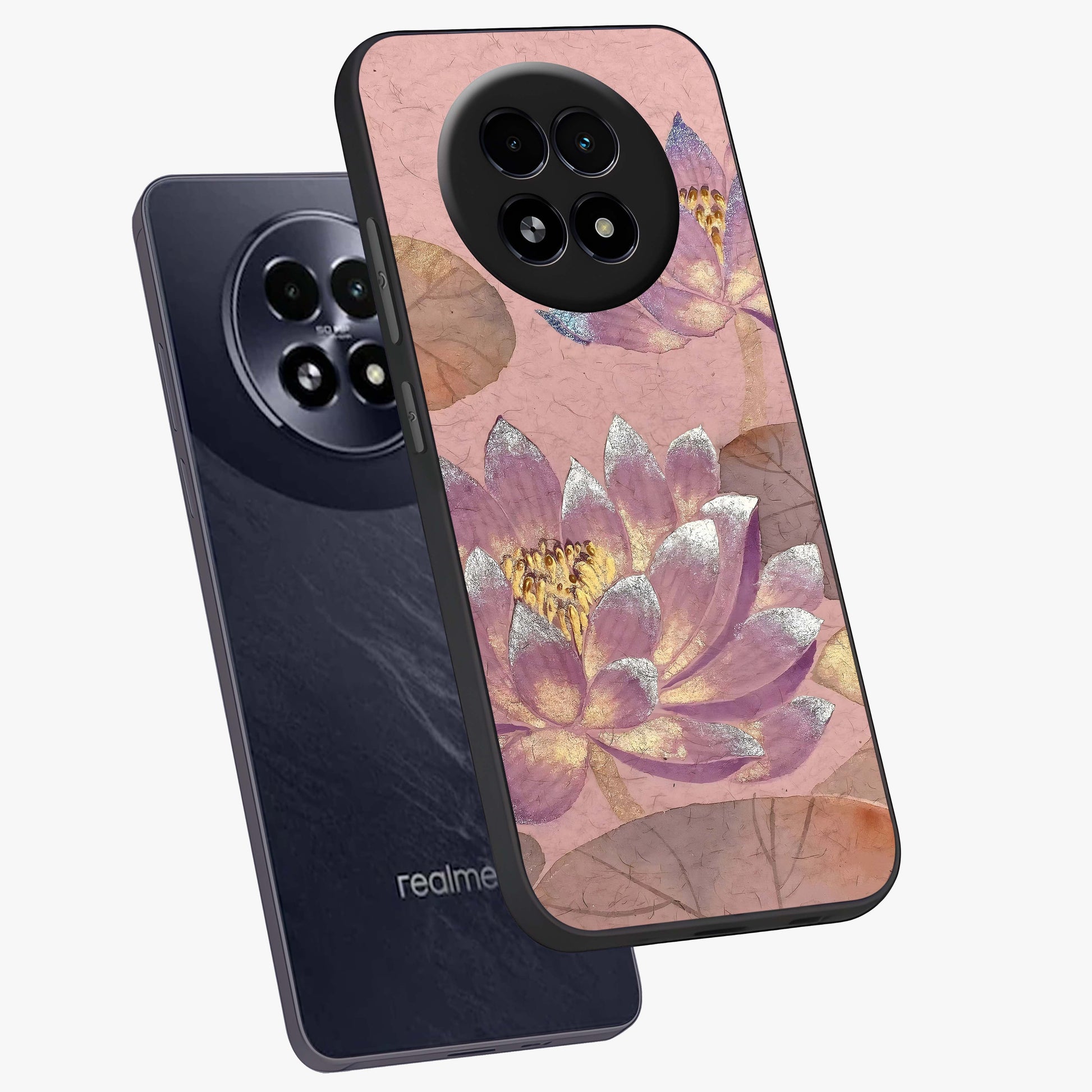 Blossom Mist Lotus Glass Case displayed in angled mockup highlighting delicate lotus illustration with calm aesthetic theme.