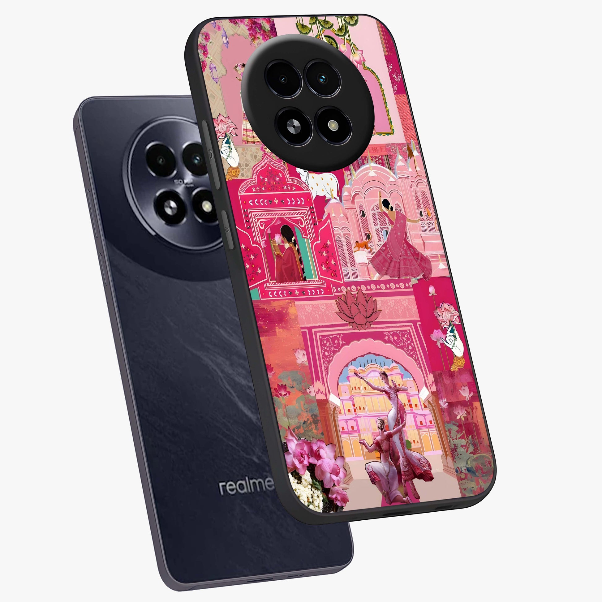 Blossoms of Rajasthan Glass Case displayed in angled mockup highlighting vibrant floral pattern with cultural aesthetic style.