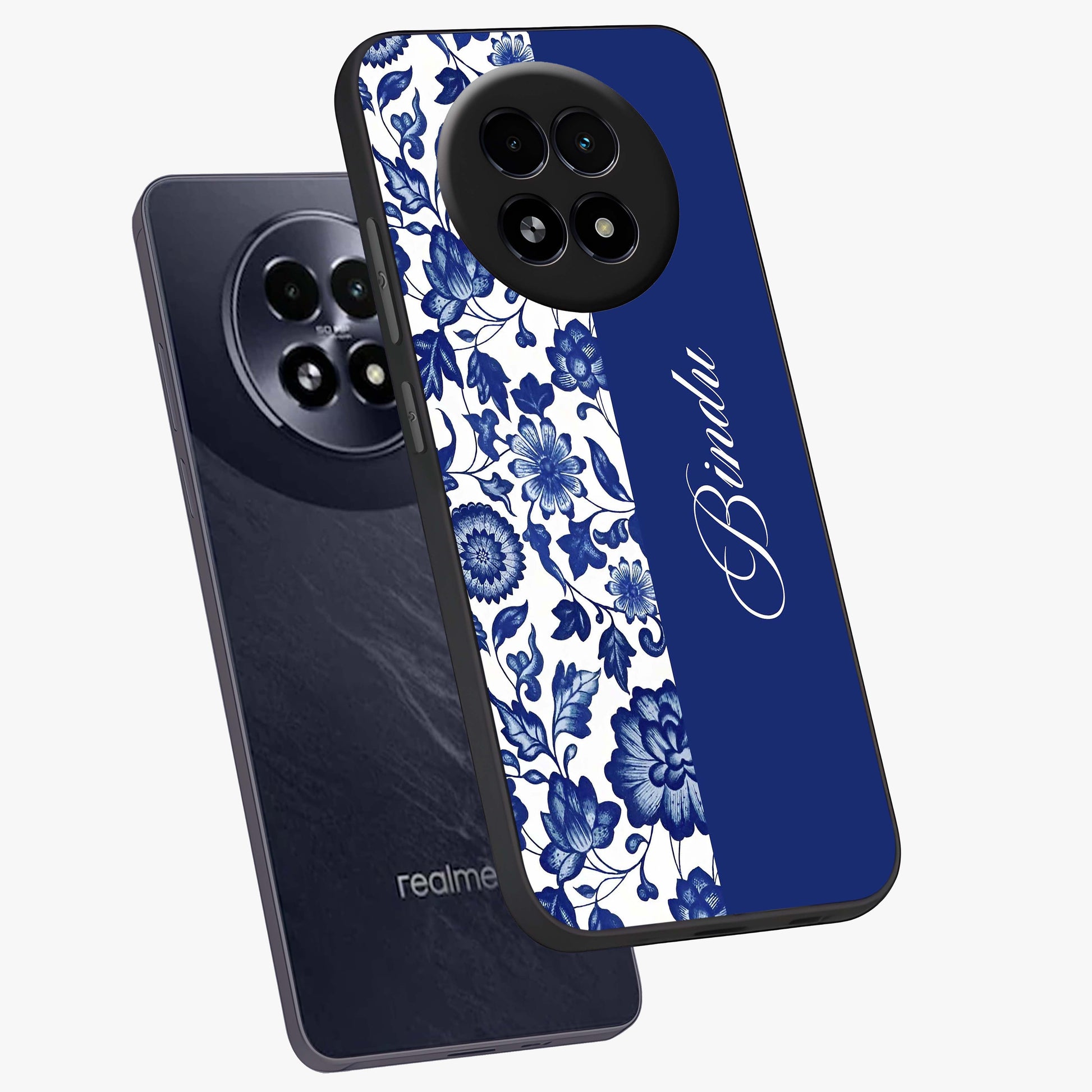 Blue Vintage Floral Pattern Glass Case displayed in angled mockup highlighting subtle bloom pattern with aesthetic pastel design.