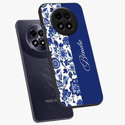 Blue Vintage Floral Pattern Glass Case displayed in angled mockup highlighting subtle bloom pattern with aesthetic pastel design.