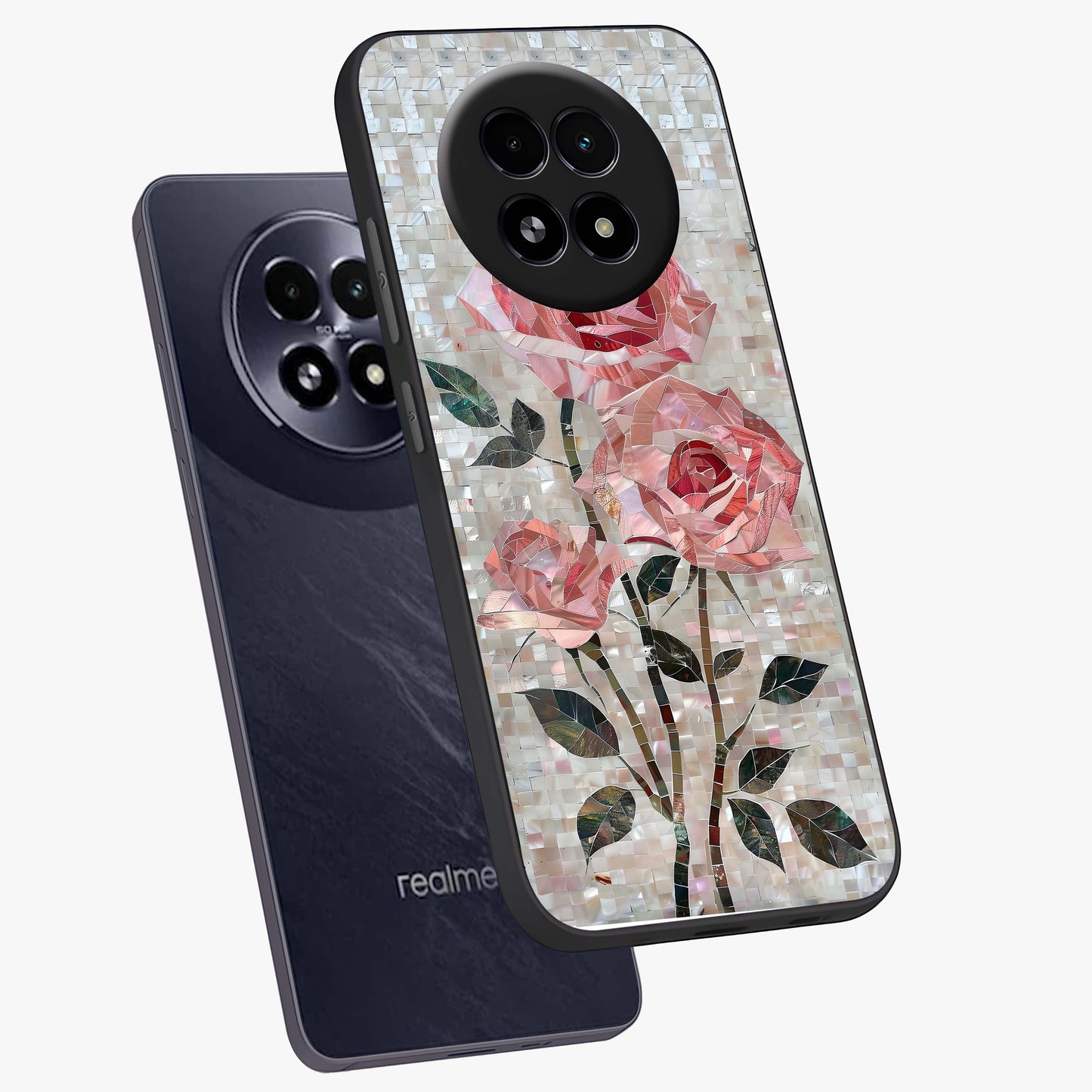 Blush Mosaic Bloom Glass Case displayed in angled mockup highlighting artistic mosaic flower pattern with aesthetic design.