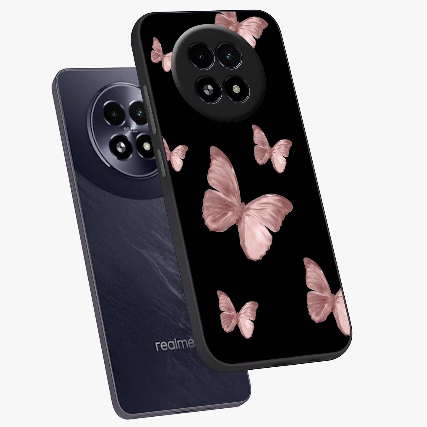 Butterfly Pattern Glass Case displayed in angled mockup highlighting delicate butterfly design and aesthetic pattern style.