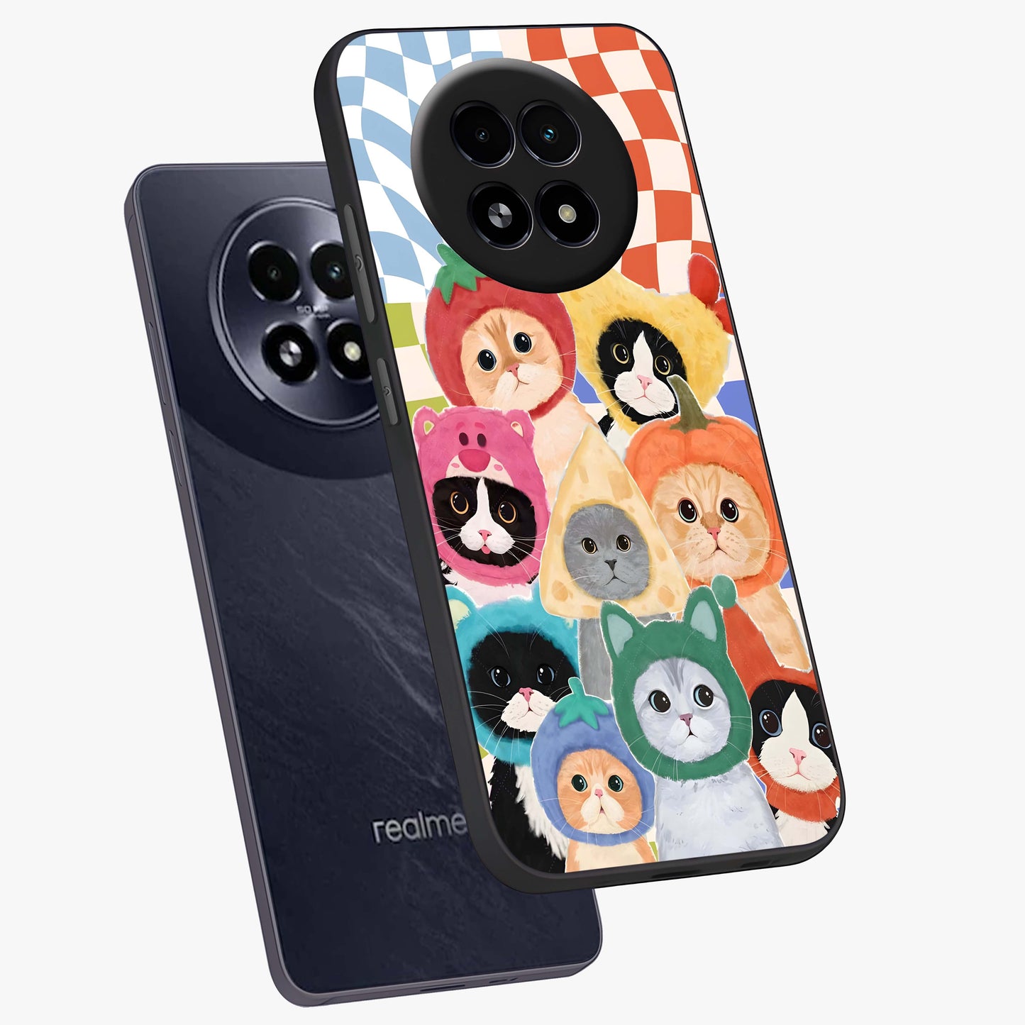 Cats in Fruits Glass Case displayed in angled mockup highlighting cute feline fruit design with colorful aesthetic style.