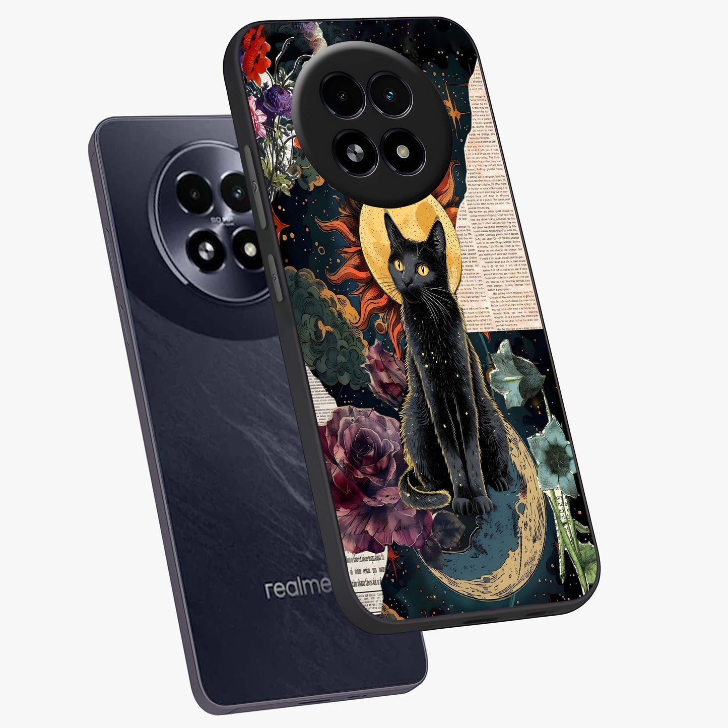 Celestial Black Cat Glass Case displayed in angled mockup highlighting cosmic black cat design with celestial aesthetic.