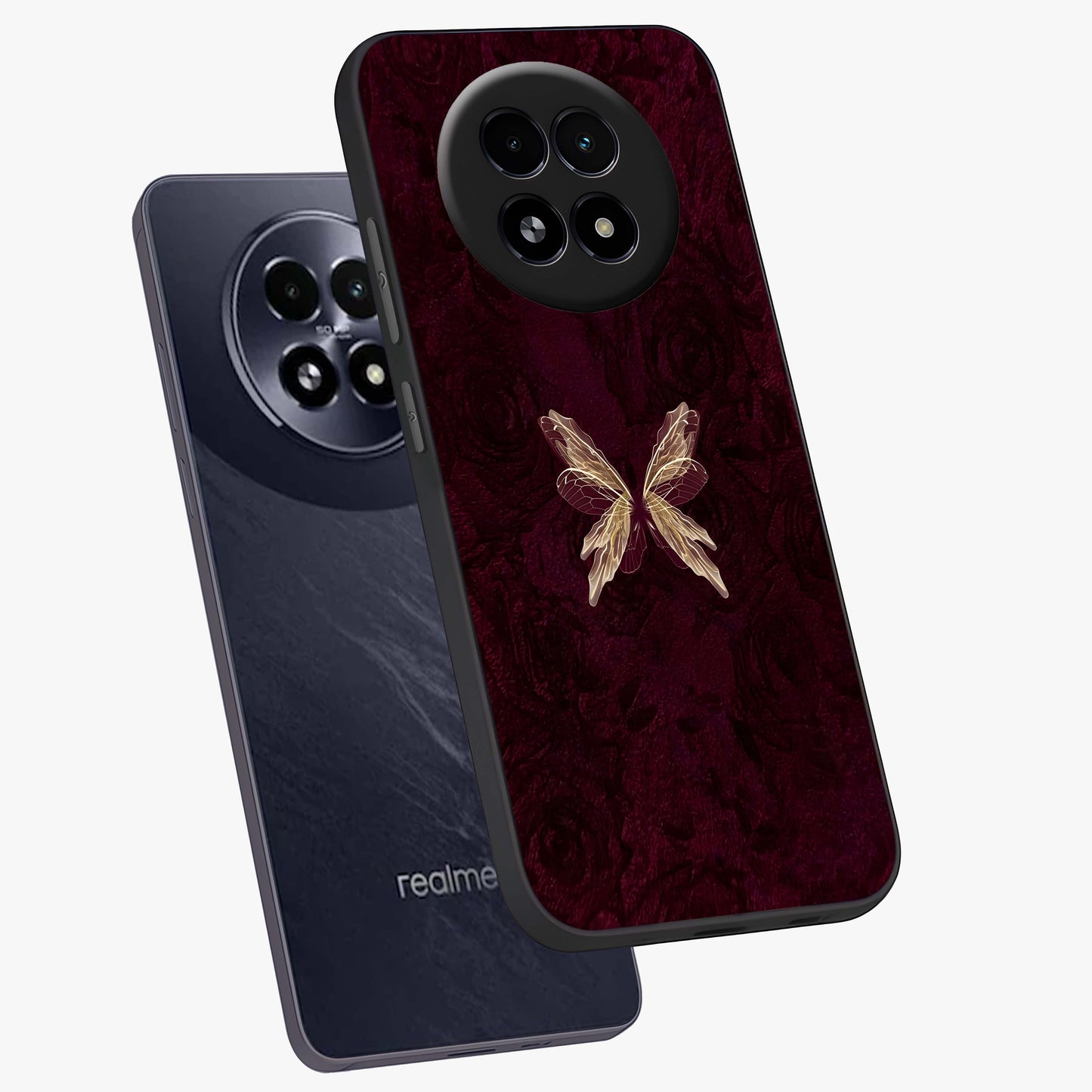 Crimson Fade Butterfly Glass Case displayed in angled mockup highlighting elegant butterfly design with crimson gradient aesthetic.
