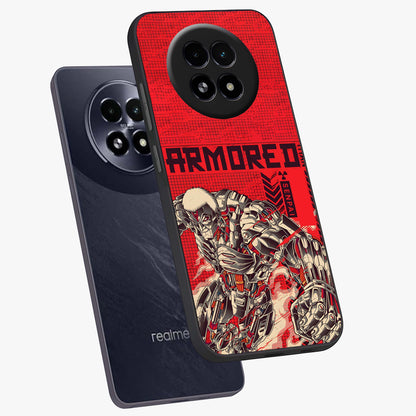 Crimson Mecha Titan Glass Case displayed in angled mockup highlighting futuristic mech illustration with bold crimson aesthetic.