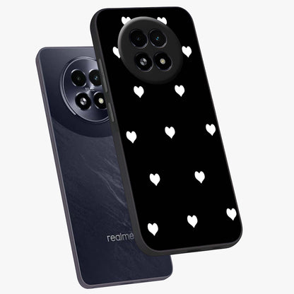 Cute And Simple White Hearts Glass Case displayed in angled mockup highlighting cute heart design with clean aesthetic style.
