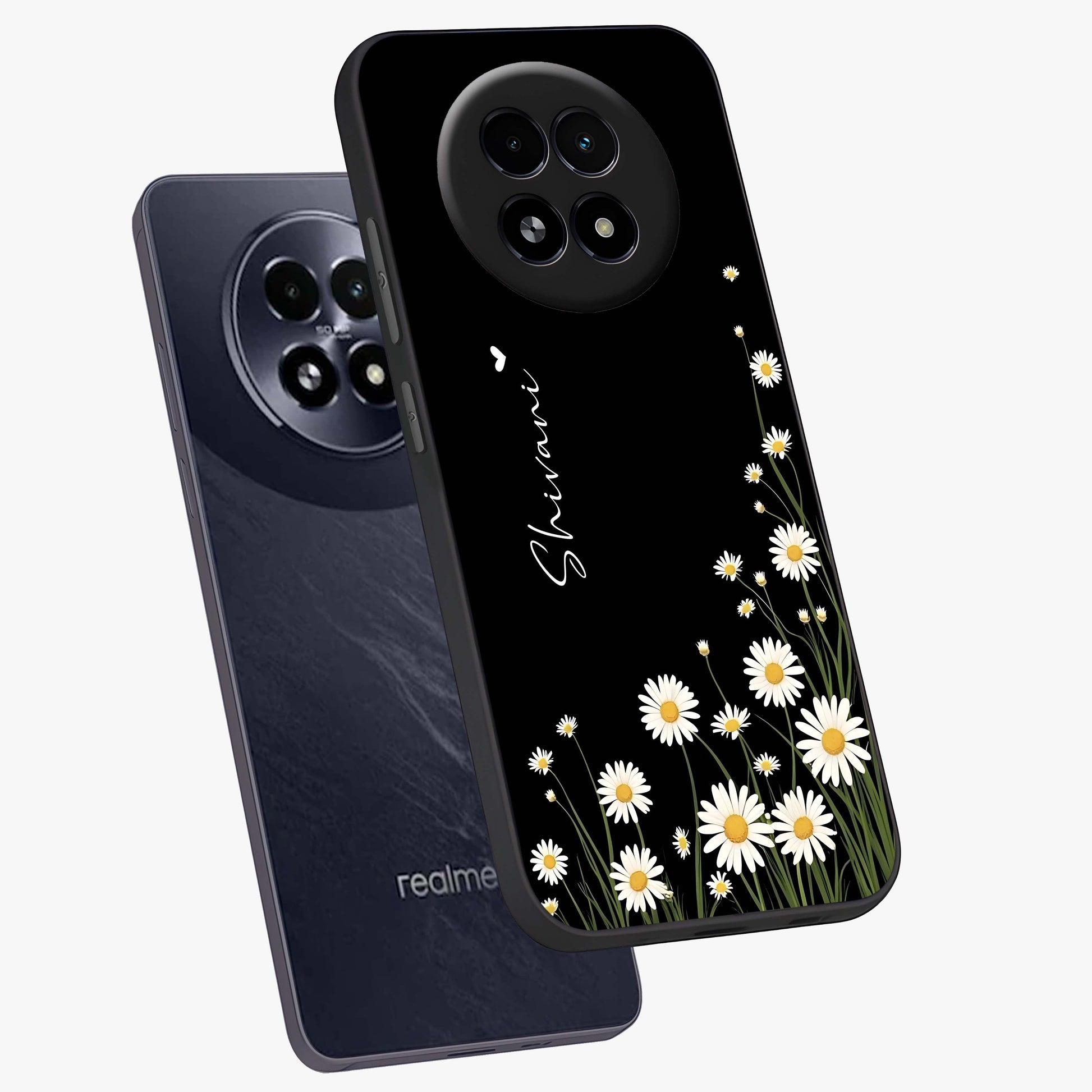 Daisy Cascade Custom Name Glass Case displayed in angled mockup highlighting delicate daisy artwork with custom name feature.