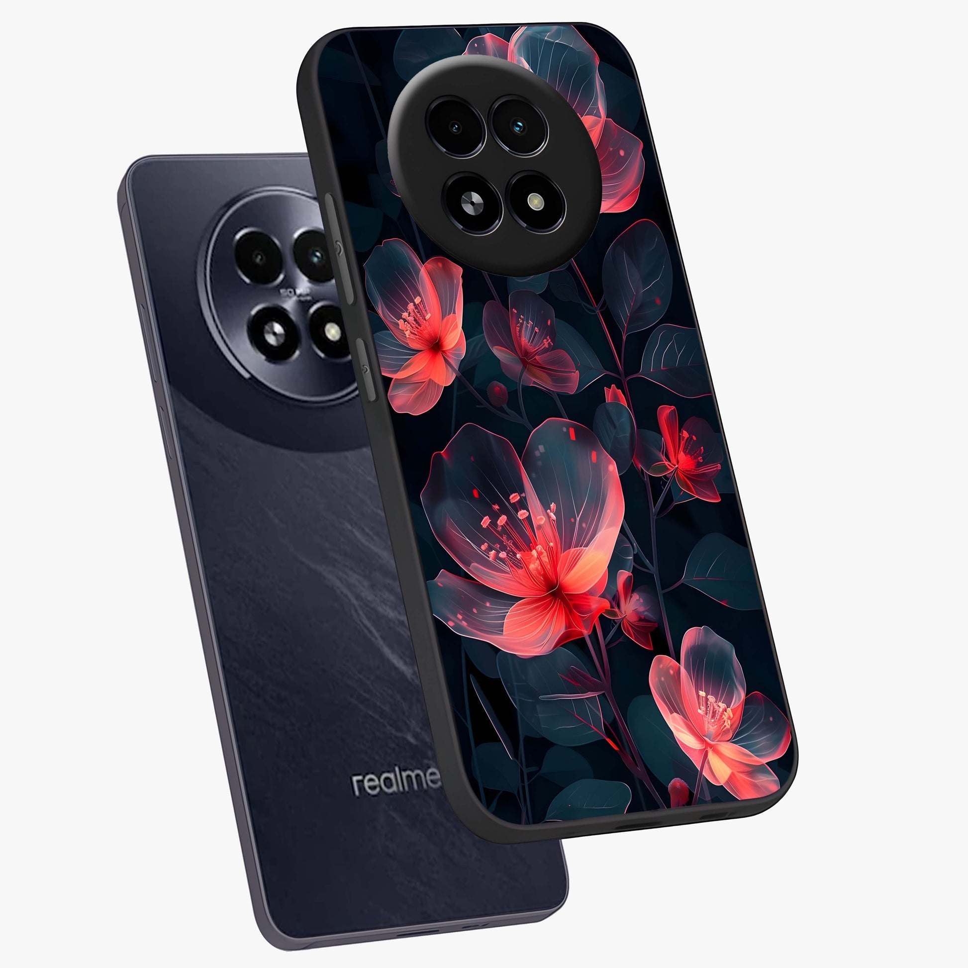 Dark Shade of Flower Glass Case displayed in angled mockup highlighting moody floral illustration with aesthetic dark tones.