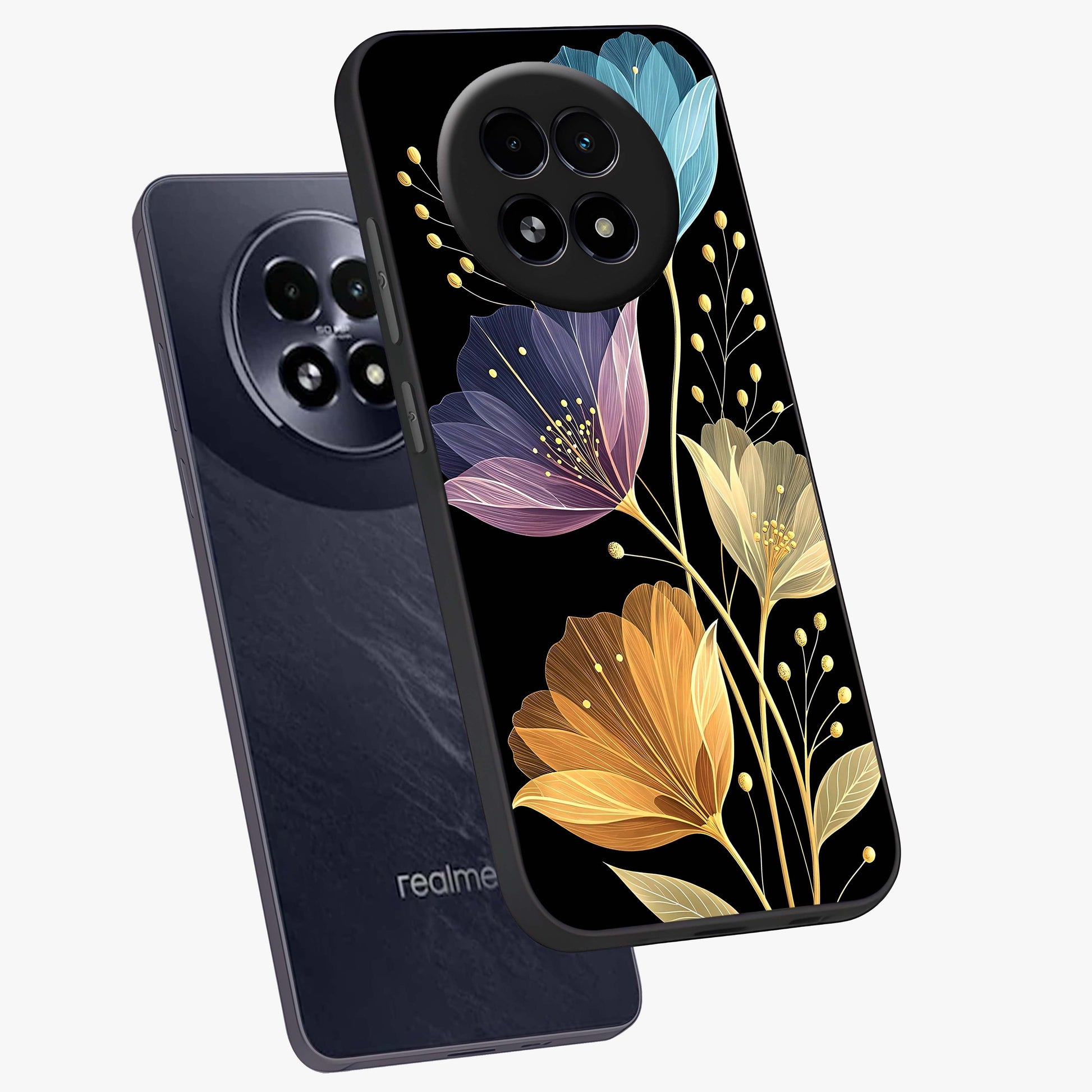Delicate Multicolor Flowers Glass Case displayed in angled mockup highlighting colorful flower pattern with soft aesthetic style.