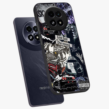 Die Young Glass Case displayed in angled mockup highlighting expressive graphic artwork with edgy aesthetic style.