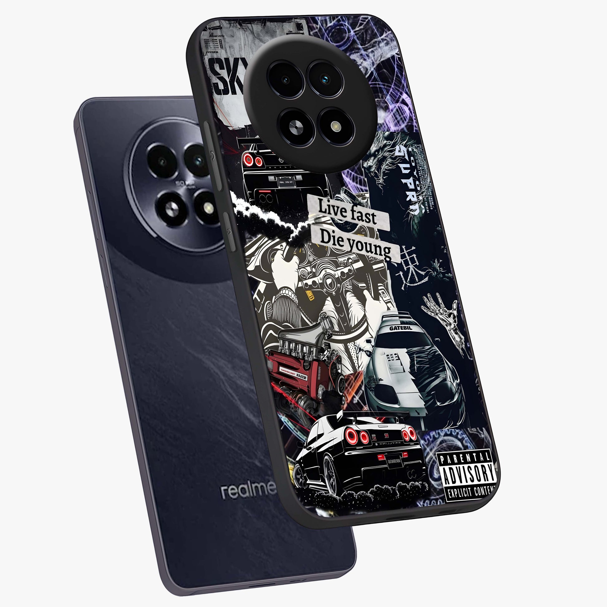 Die Young Glass Case displayed in angled mockup highlighting expressive graphic artwork with edgy aesthetic style.