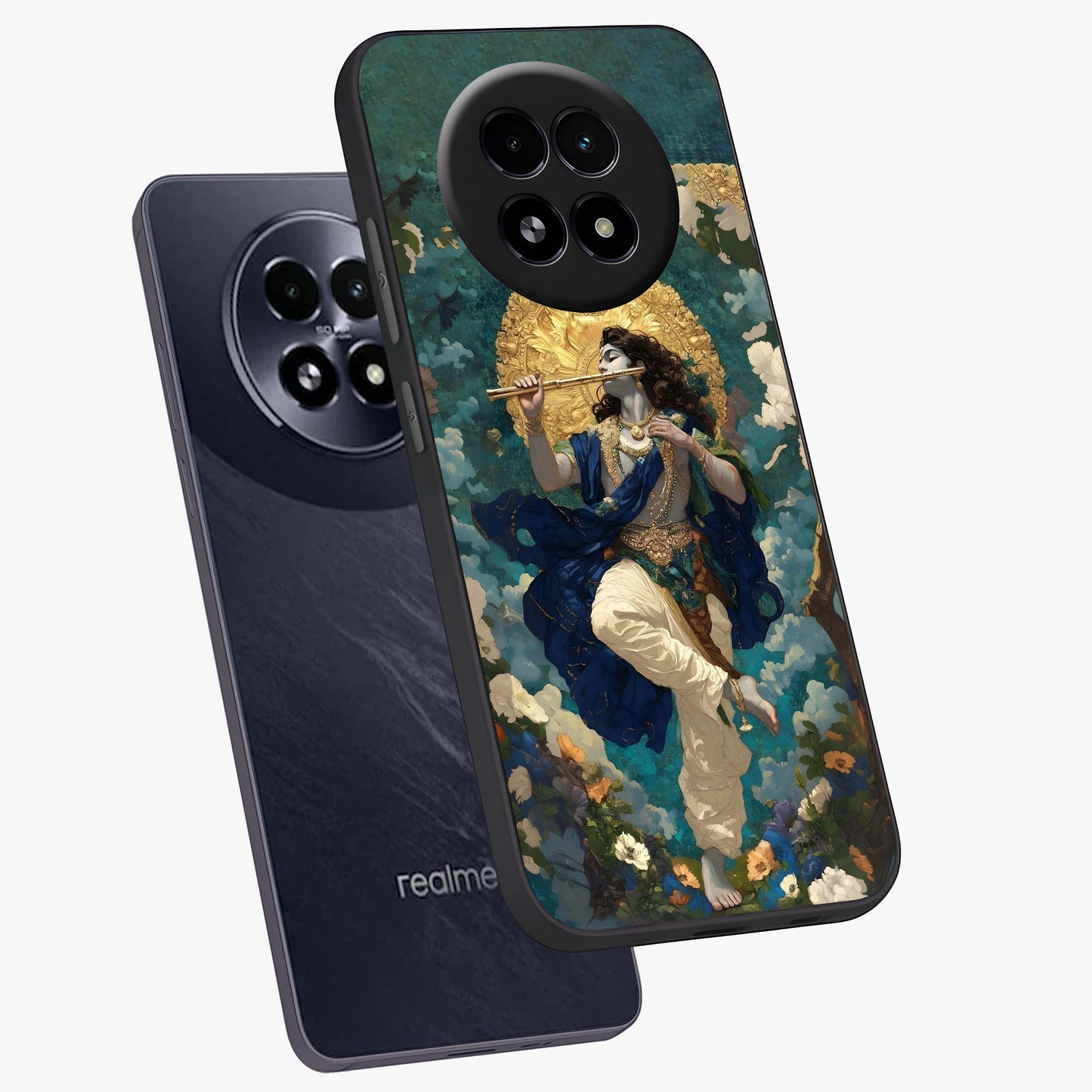 Divine Krishna Art Glass Case displayed in angled mockup highlighting spiritual Krishna illustration with devotional aesthetic.