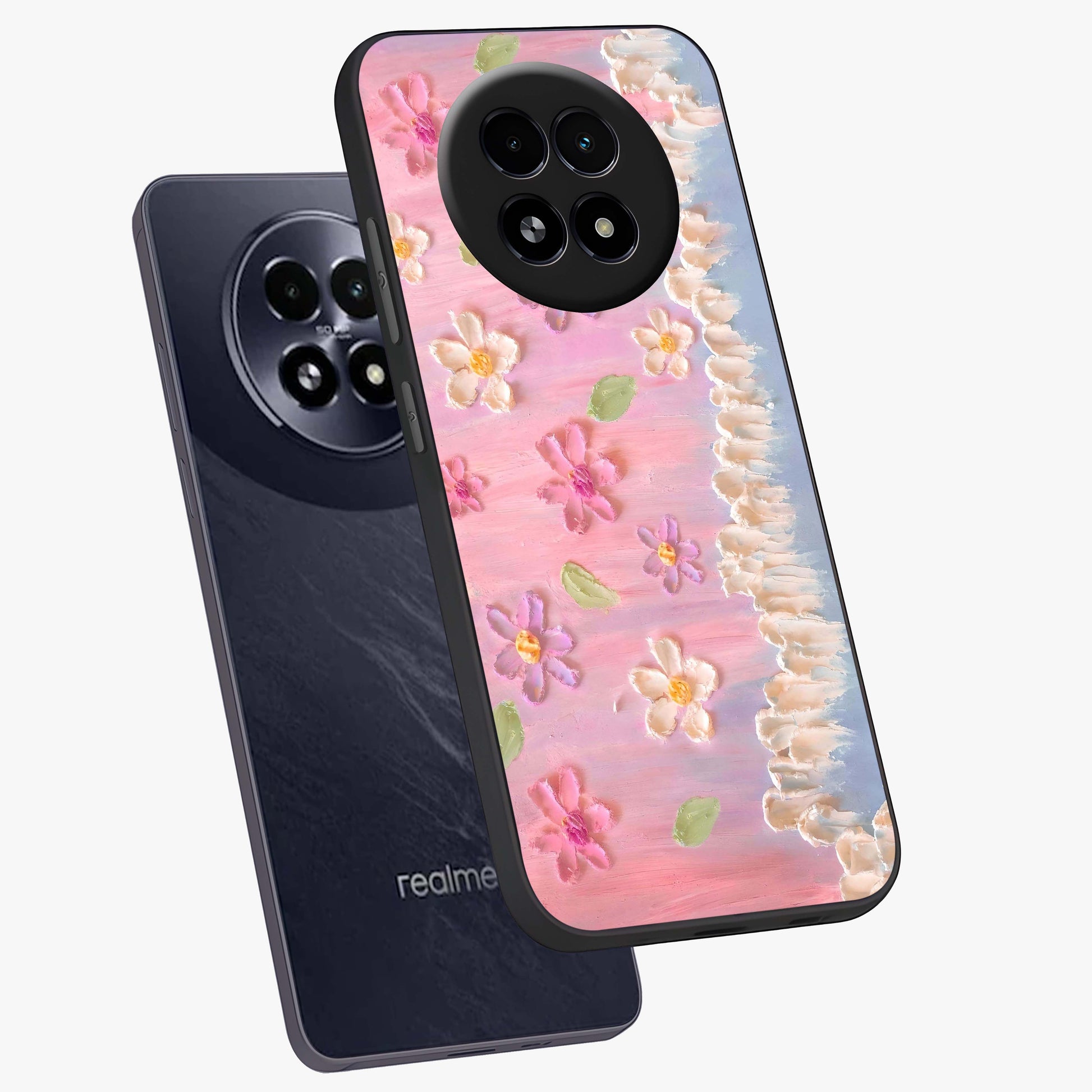 Dreamy Painted Garden Glass Case displayed in angled mockup highlighting colorful garden illustration with dreamy aesthetic style.
