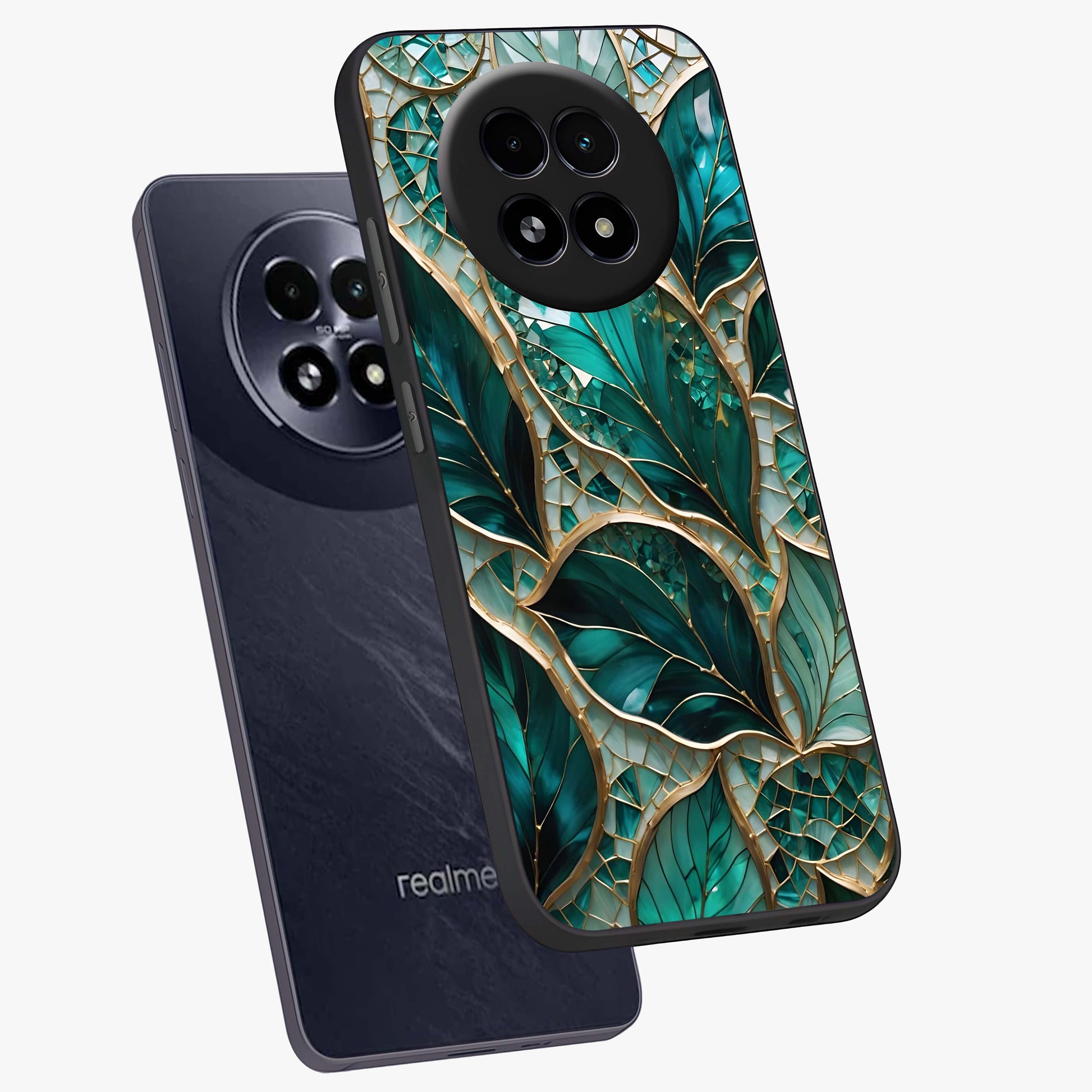 Emerald Leaf Glass Glass Case displayed in angled mockup highlighting botanical leaf illustration with elegant natural aesthetic.