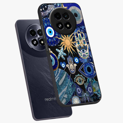 Evil Eye Charm Mix Glass Case displayed in angled mockup highlighting protective evil eye symbols with spiritual aesthetic design.