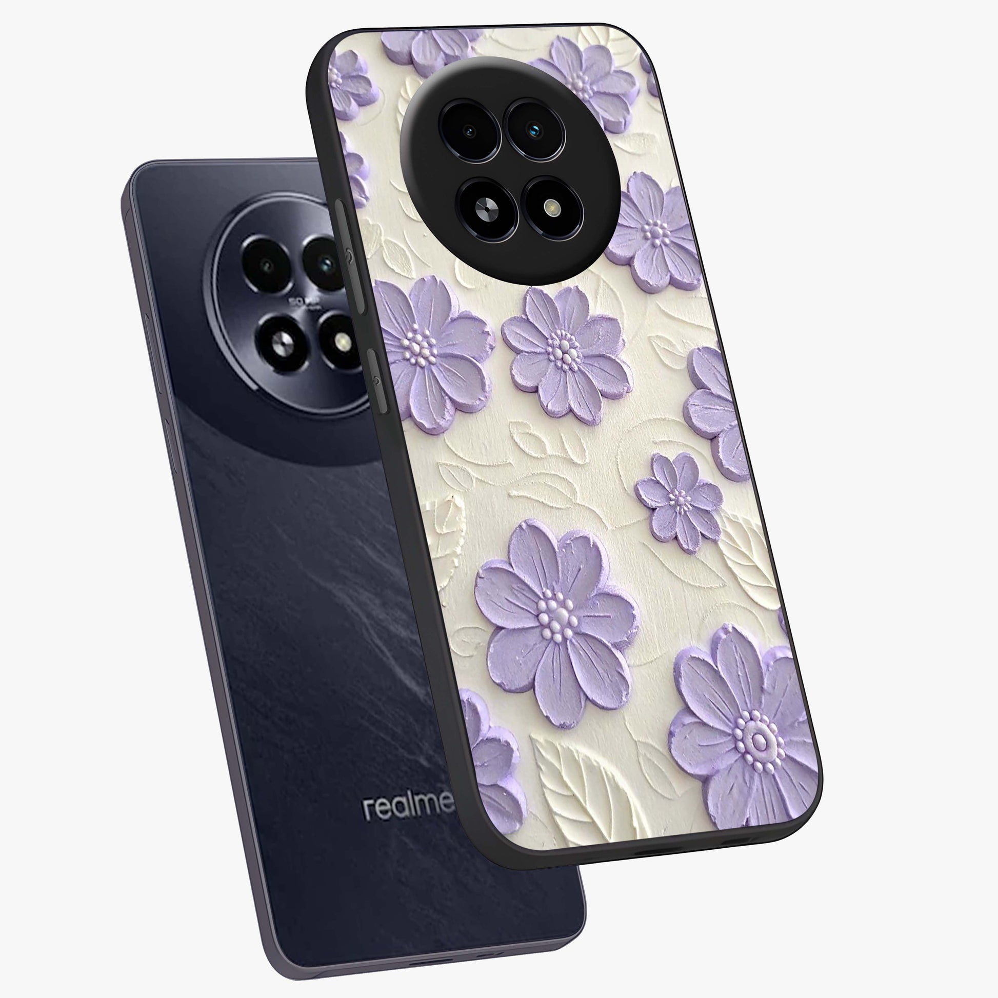 Floral Wall Art With Purple Flowers Glass Case displayed in angled mockup highlighting vibrant purple floral illustration with artistic aesthetic.