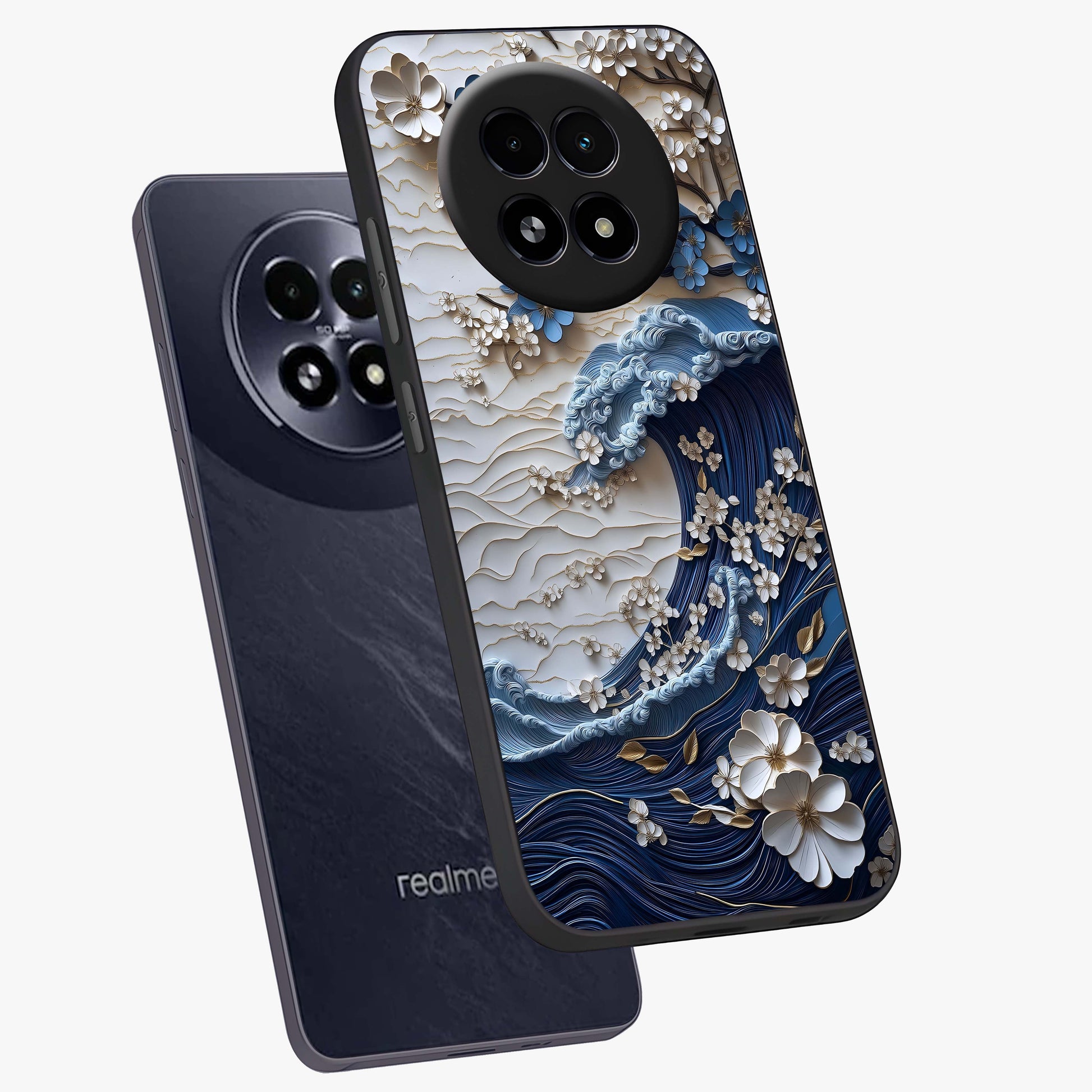 Floral Wave Origami Glass Case displayed in angled mockup highlighting geometric origami flower design with modern aesthetic style.