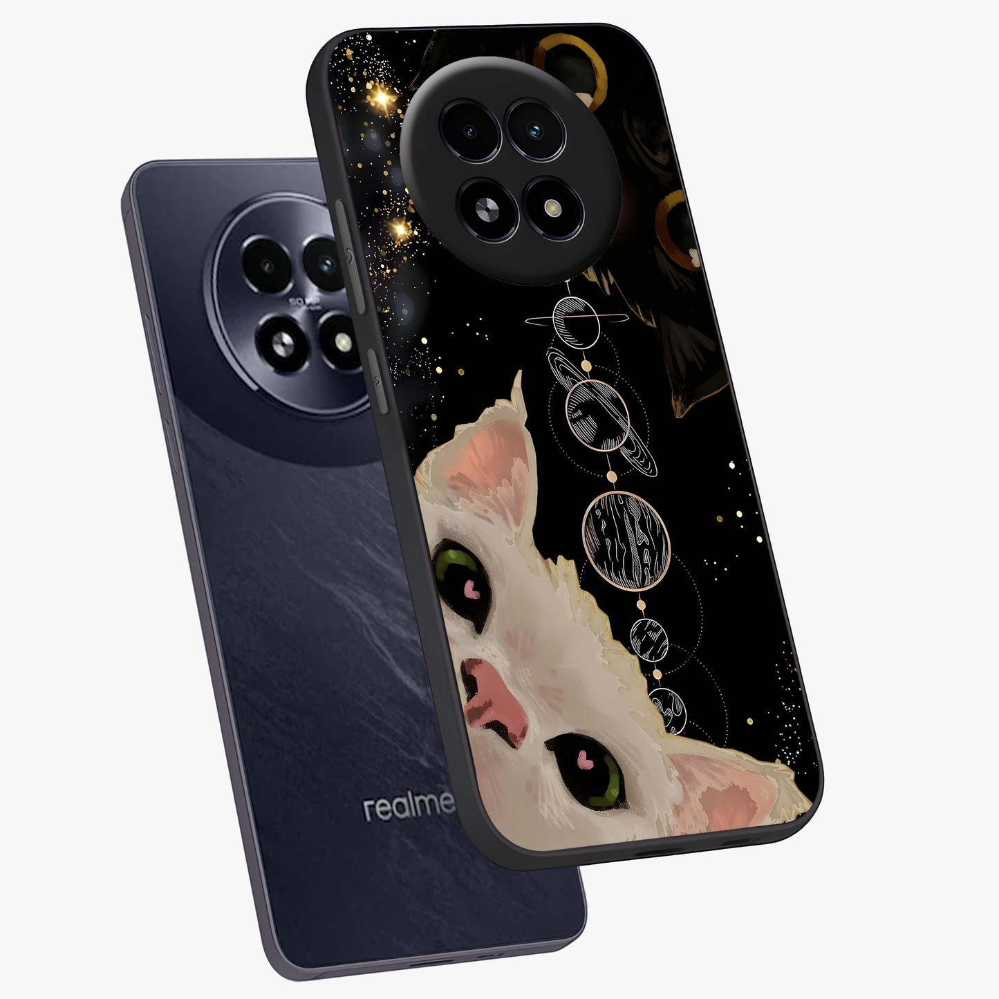 Galactic Cat Glass Case displayed in angled mockup highlighting celestial feline illustration with galaxy aesthetic style.