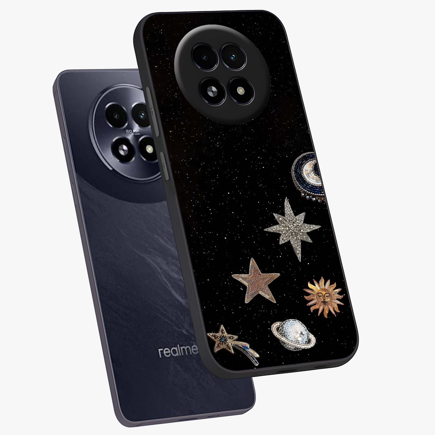 Galactic Charm Glow Glass Case displayed in angled mockup highlighting luminous galaxy inspired design with dreamy aesthetic.