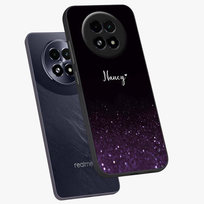 Glittery Purple Bokeh Custom Name Glass Case displayed in angled mockup highlighting glitter bokeh pattern with custom name feature.