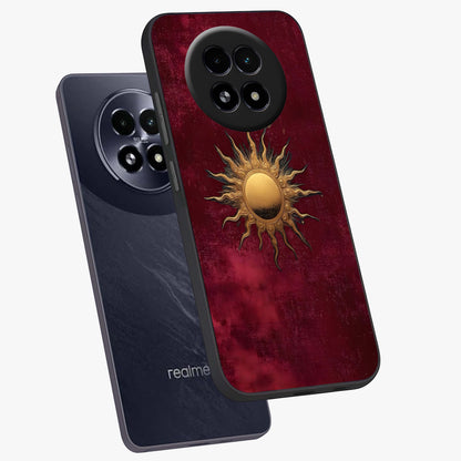 Golden Sun Minimalism Glass Case displayed in angled mockup highlighting clean sun symbol design with modern minimal aesthetic.