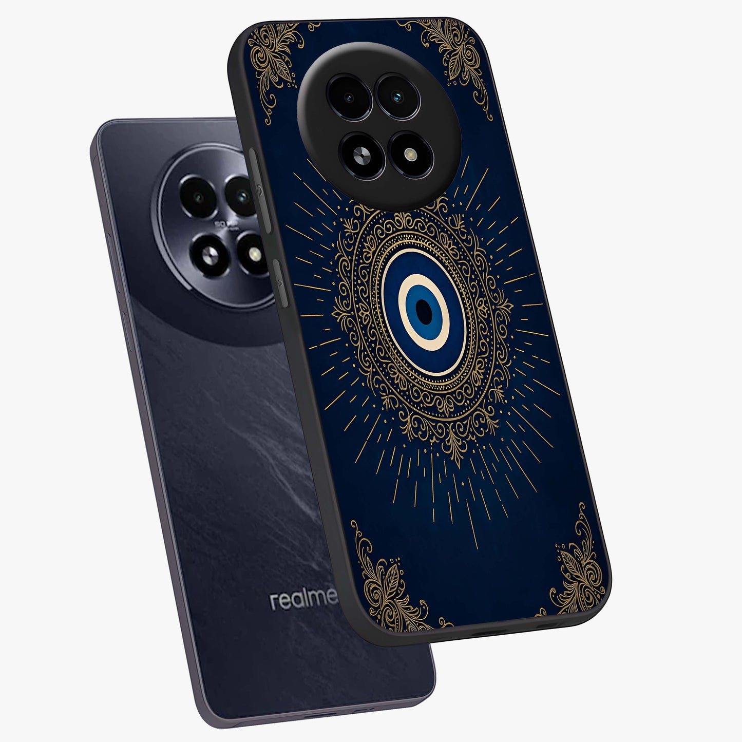 Golden Celestial Charm Glass Case displayed in angled mockup highlighting sparkling cosmic charm design with celestial aesthetic.