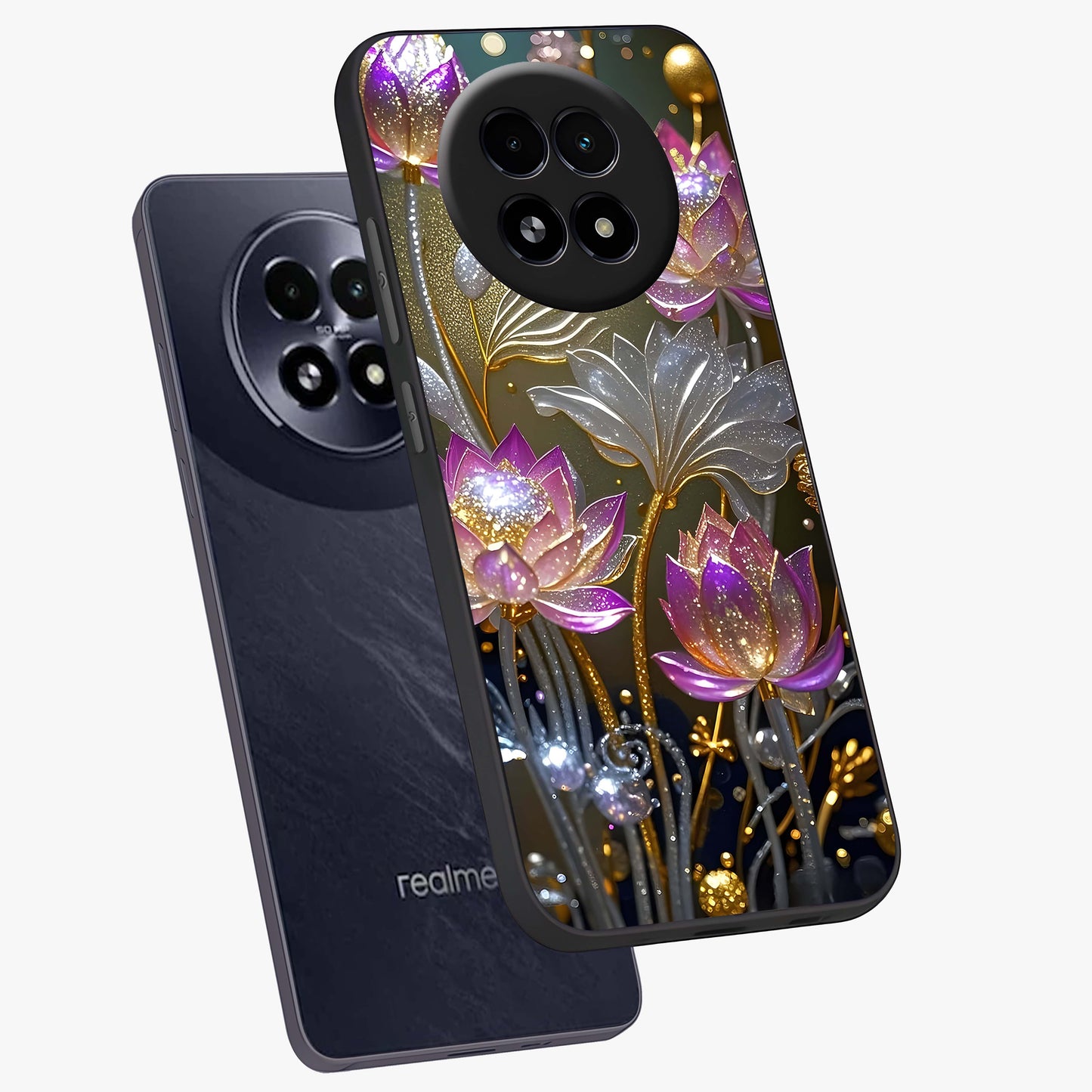 Golden Floral Majesty Glass Case displayed in angled mockup highlighting elegant flower design with royal golden aesthetic.