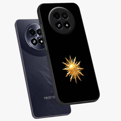 Golden Sun Minimalism Glass Case displayed in angled mockup highlighting eerie shadow illustration with gothic aesthetic.