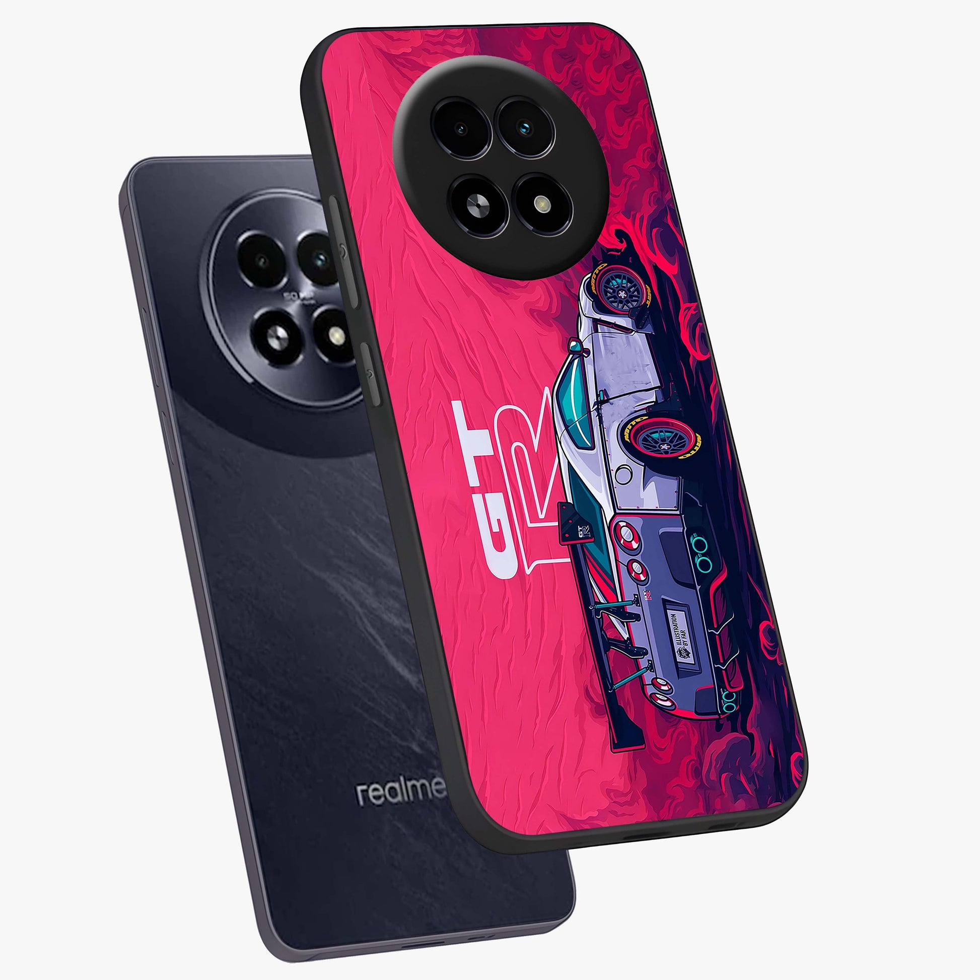 GT-R Car Pattern Glass Case displayed in angled mockup highlighting racing car graphic design with bold automotive aesthetic.