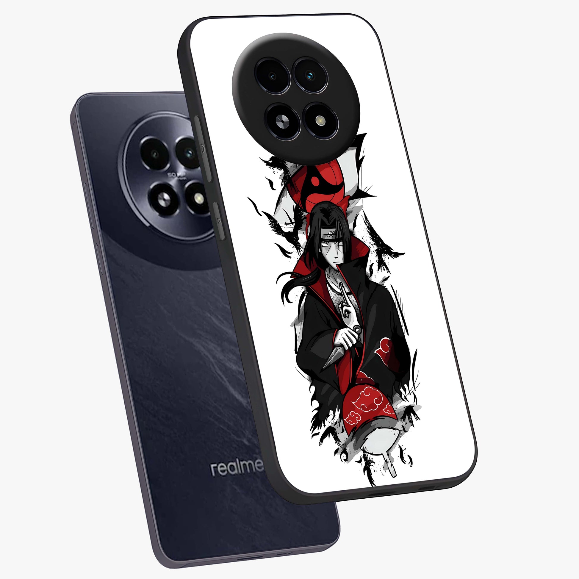 Itachi Limited Edition Naruto Anime Glass Case displayed in angled mockup highlighting dramatic anime illustration with bold action aesthetic.