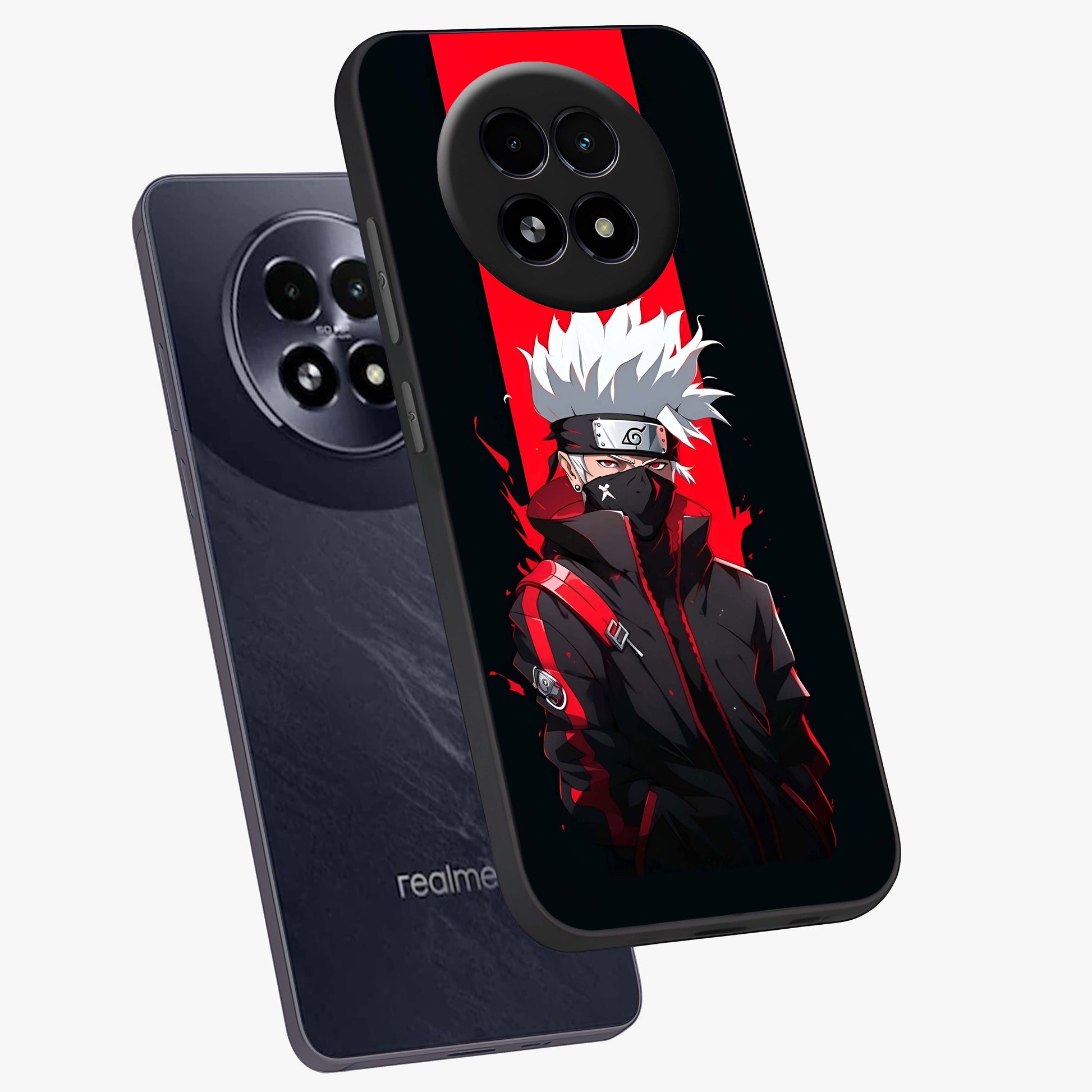 Kakashi Scarlet Shadow Glass Case displayed in angled mockup highlighting dramatic ninja illustration with scarlet themed aesthetic.