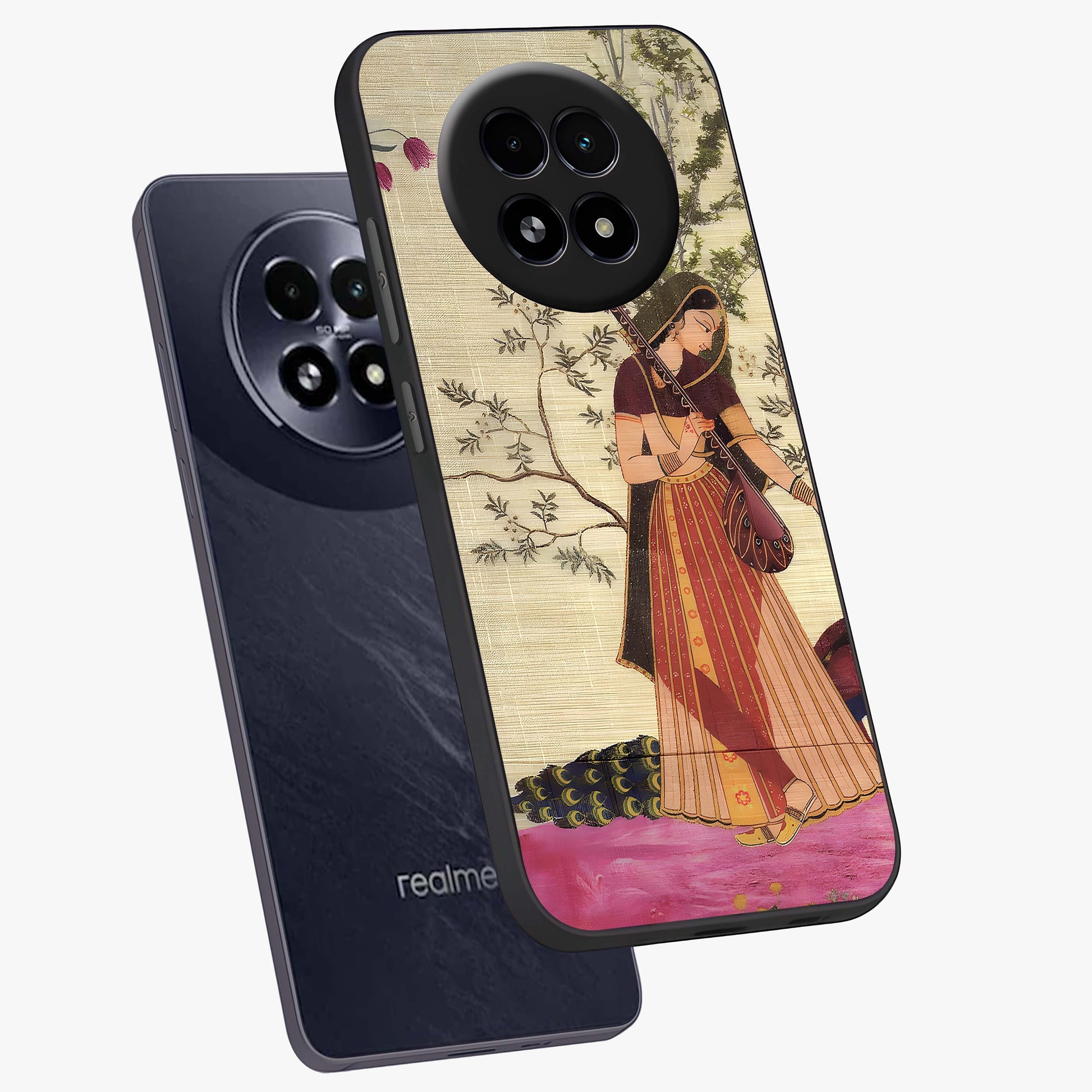 Lady With Veena Art Glass Case displayed in angled mockup highlighting graceful musical illustration with cultural artistic aesthetic.
