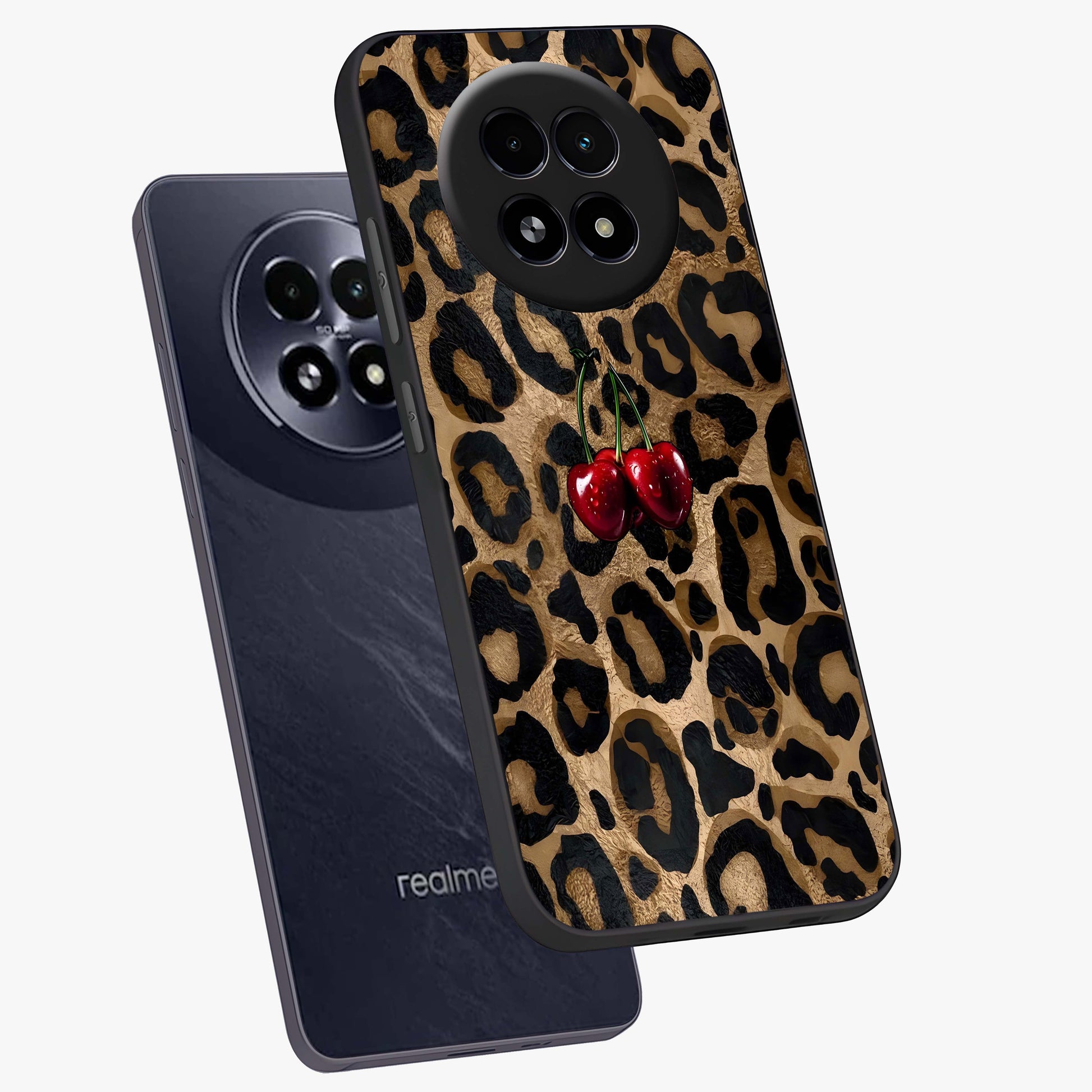 Leopard Wild Cherry Glass Case displayed in angled mockup highlighting bold animal print design with playful cherry aesthetic.