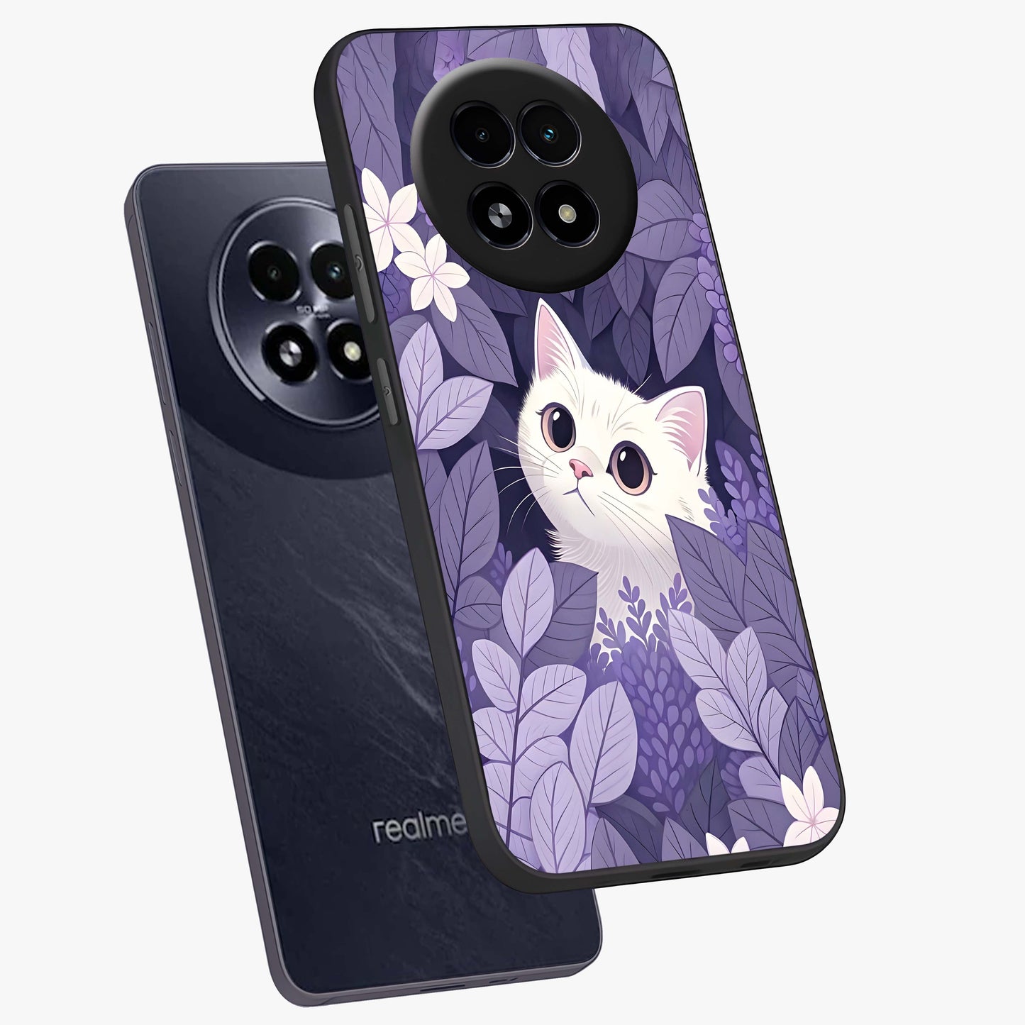 Lilac Hide Peek Cat Glass Case displayed in angled mockup highlighting playful feline illustration with lilac aesthetic design.