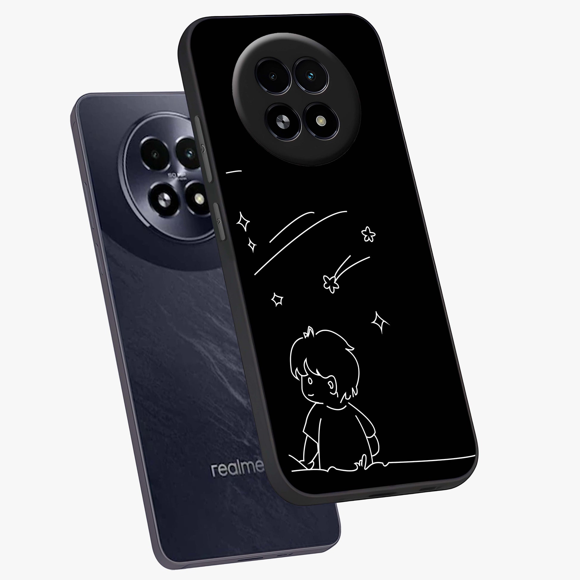 Line Art Boy With Shooting Stars Glass Case displayed in angled mockup highlighting elegant line art design with dreamy star aesthetic.