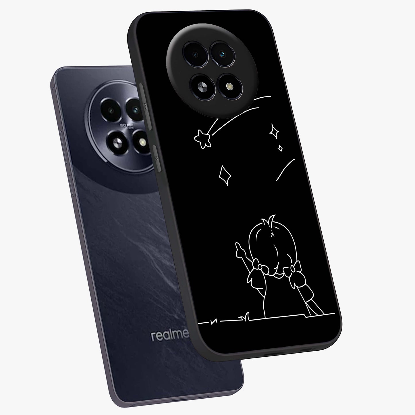 Line Art Girl With Shooting Stars Glass Case displayed in angled mockup highlighting elegant line art design with dreamy star aesthetic.