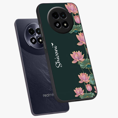 Lotus Bloom Serenity Custom Name Glass Case displayed in angled mockup highlighting graceful lotus illustration with custom name feature.