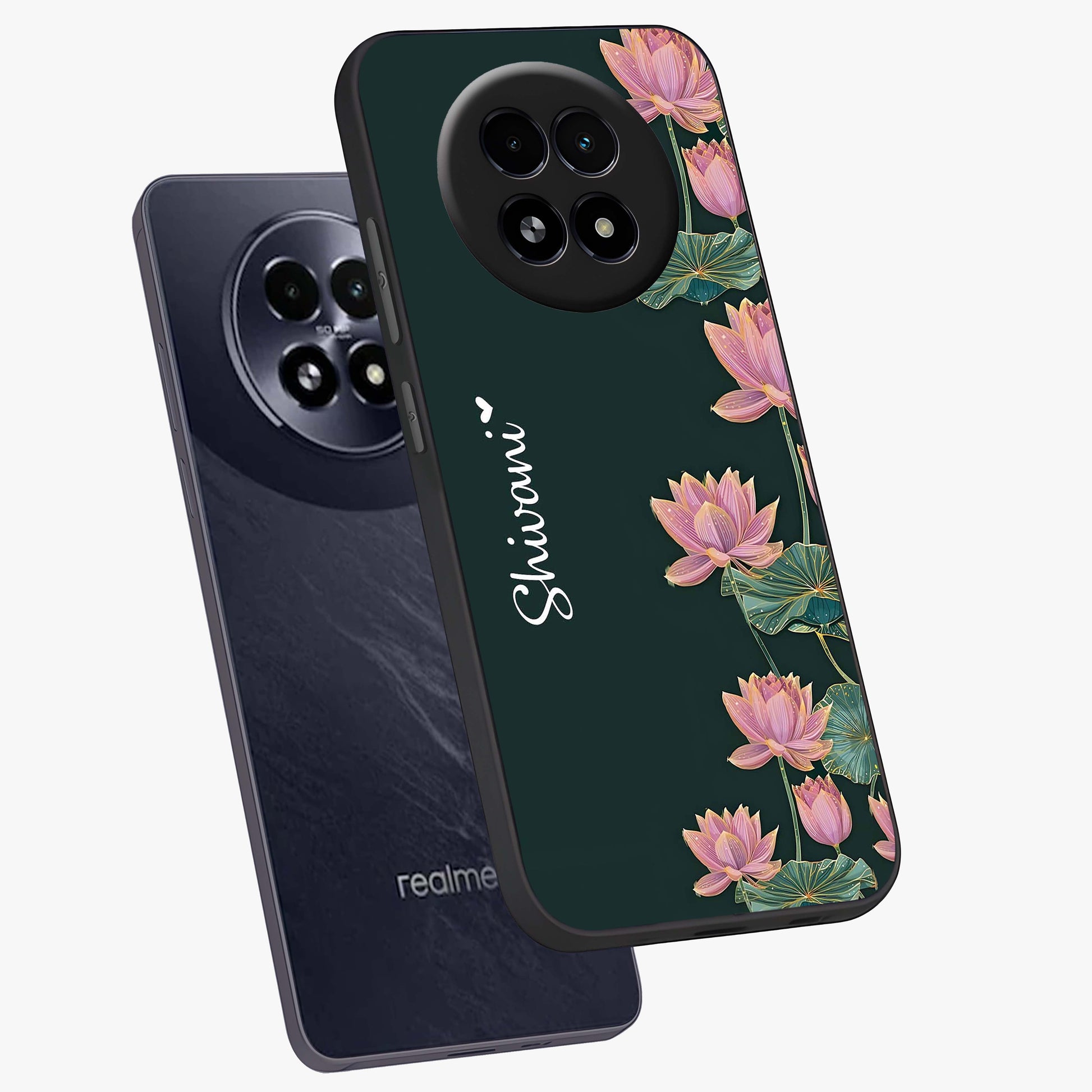 Lotus Bloom Serenity Custom Name Glass Case displayed in angled mockup highlighting graceful lotus illustration with custom name feature.