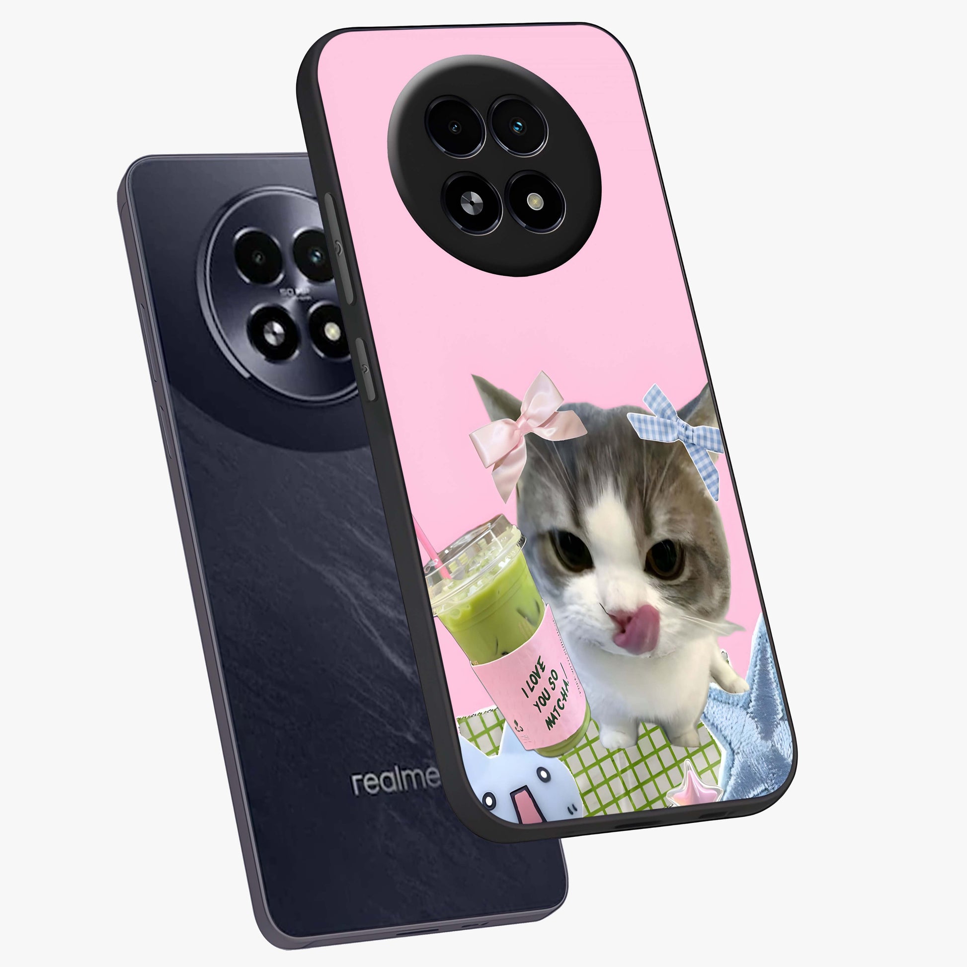 Love Matcha Cat Glass Case displayed in angled mockup highlighting playful feline illustration with cozy matcha aesthetic.
