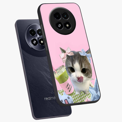 Love Matcha Cat Glass Case displayed in angled mockup highlighting playful feline illustration with cozy matcha aesthetic.