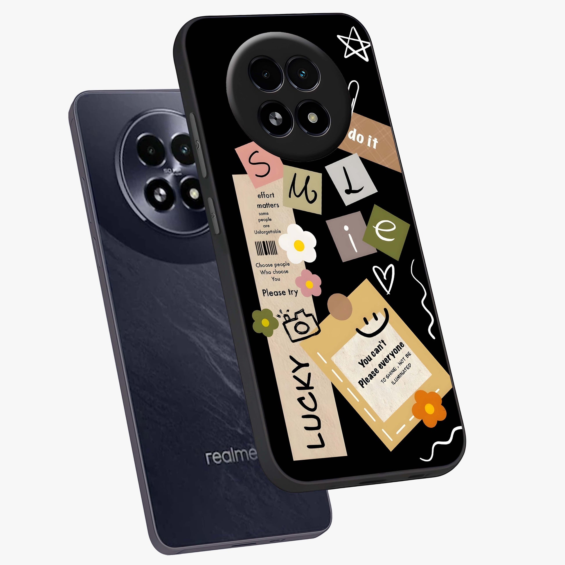 Lucky Aesthetic Collage Glass Case displayed in angled mockup highlighting stylish collage pattern with modern aesthetic vibe.