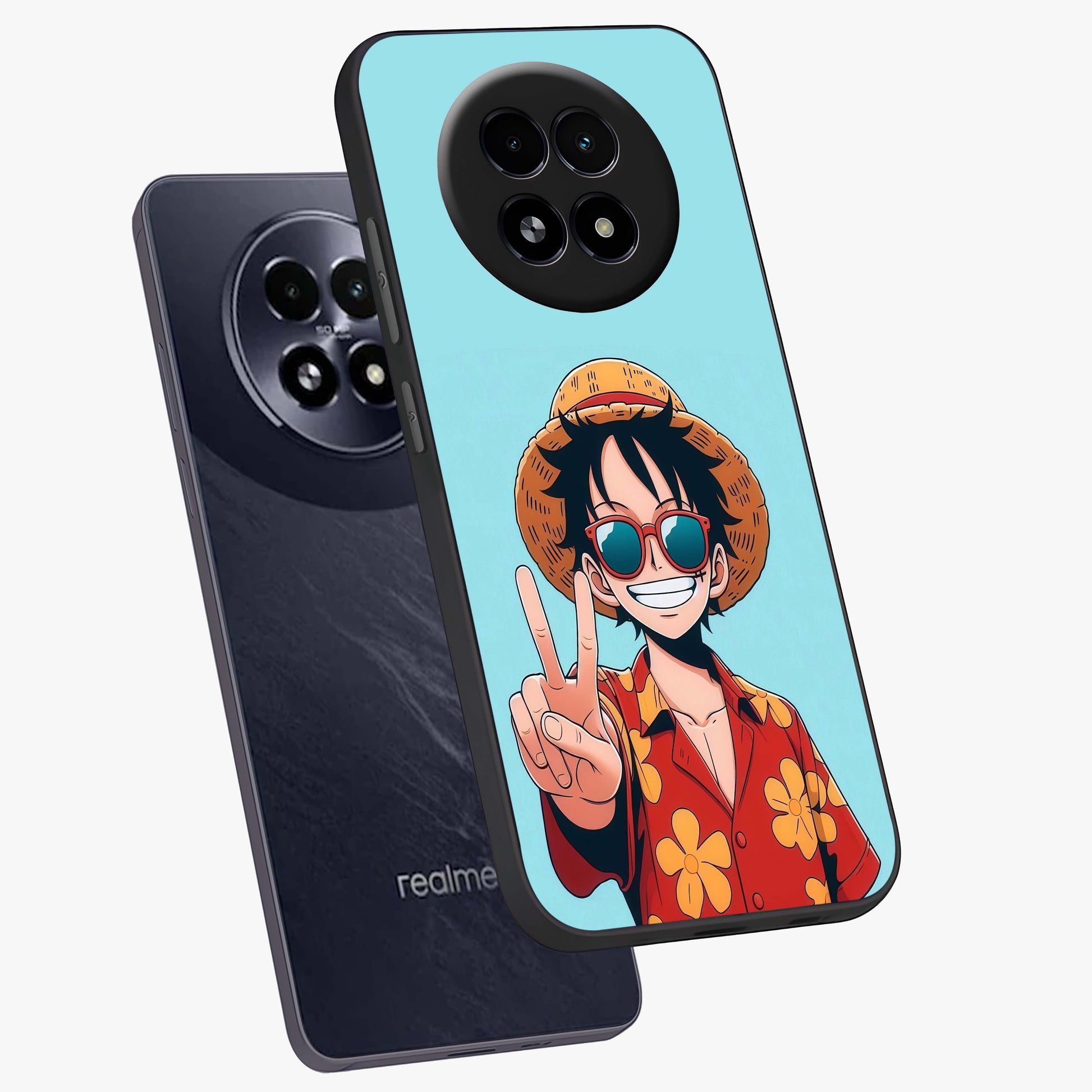 Luffy Summer Anime Vibe Glass Case displayed in angled mockup highlighting energetic anime illustration with summer vibe aesthetic.