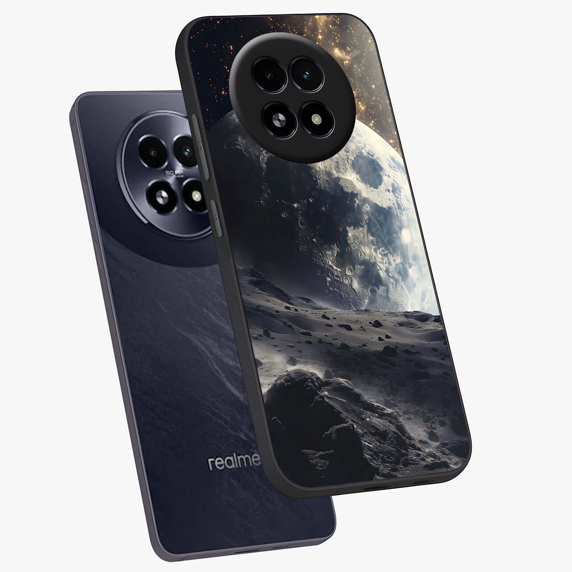 Lunar Horizon Glow Glass Case displayed in angled mockup highlighting celestial moon design with dreamy night aesthetic.