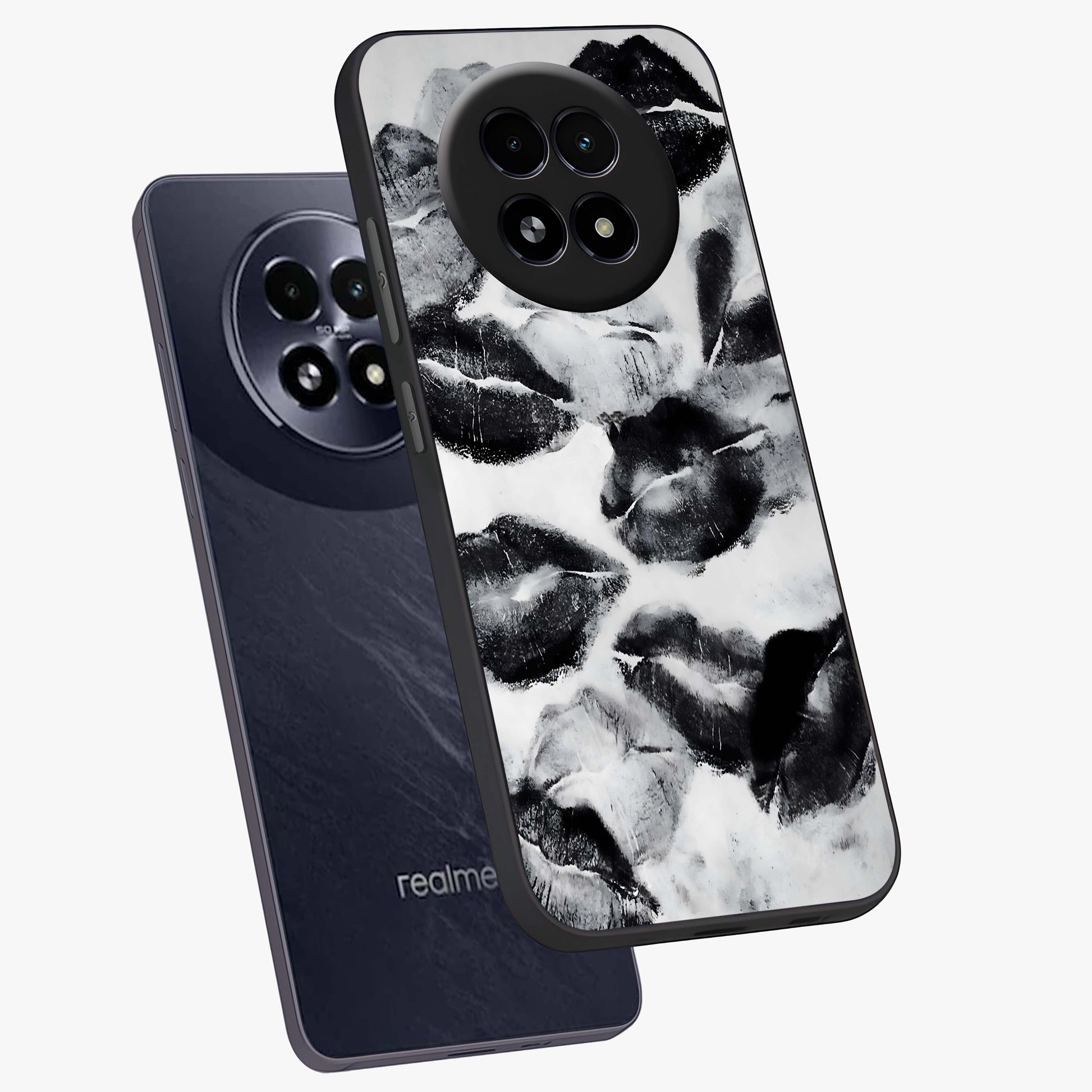 Midnight Kiss Marks Glass Case displayed in angled mockup highlighting playful romantic design with bold midnight aesthetic.