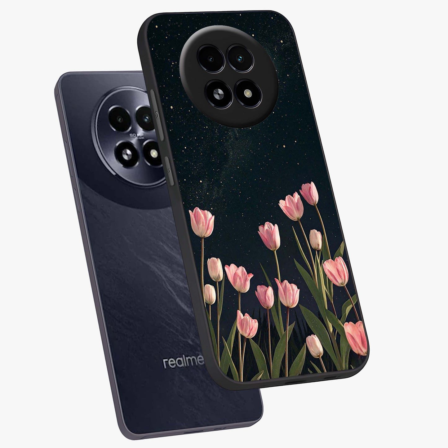 Midnight Tulip Whispers Vibe Glass Case displayed in angled mockup highlighting delicate tulip design with midnight floral aesthetic.