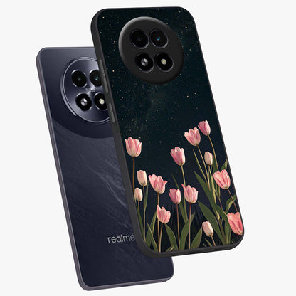 Midnight Tulip Whispers Vibe Glass Case displayed in angled mockup highlighting delicate tulip design with midnight floral aesthetic.