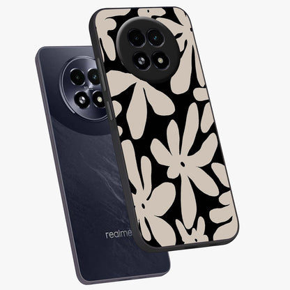 Monochrome Petal Dance Glass Case displayed in angled mockup highlighting elegant petal design with black and white aesthetic.